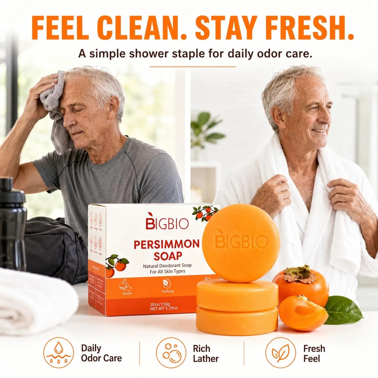 3 Pcs Persimmon Soap Bar for Body Odor Control, Natural Deodorant Body Bar Soap