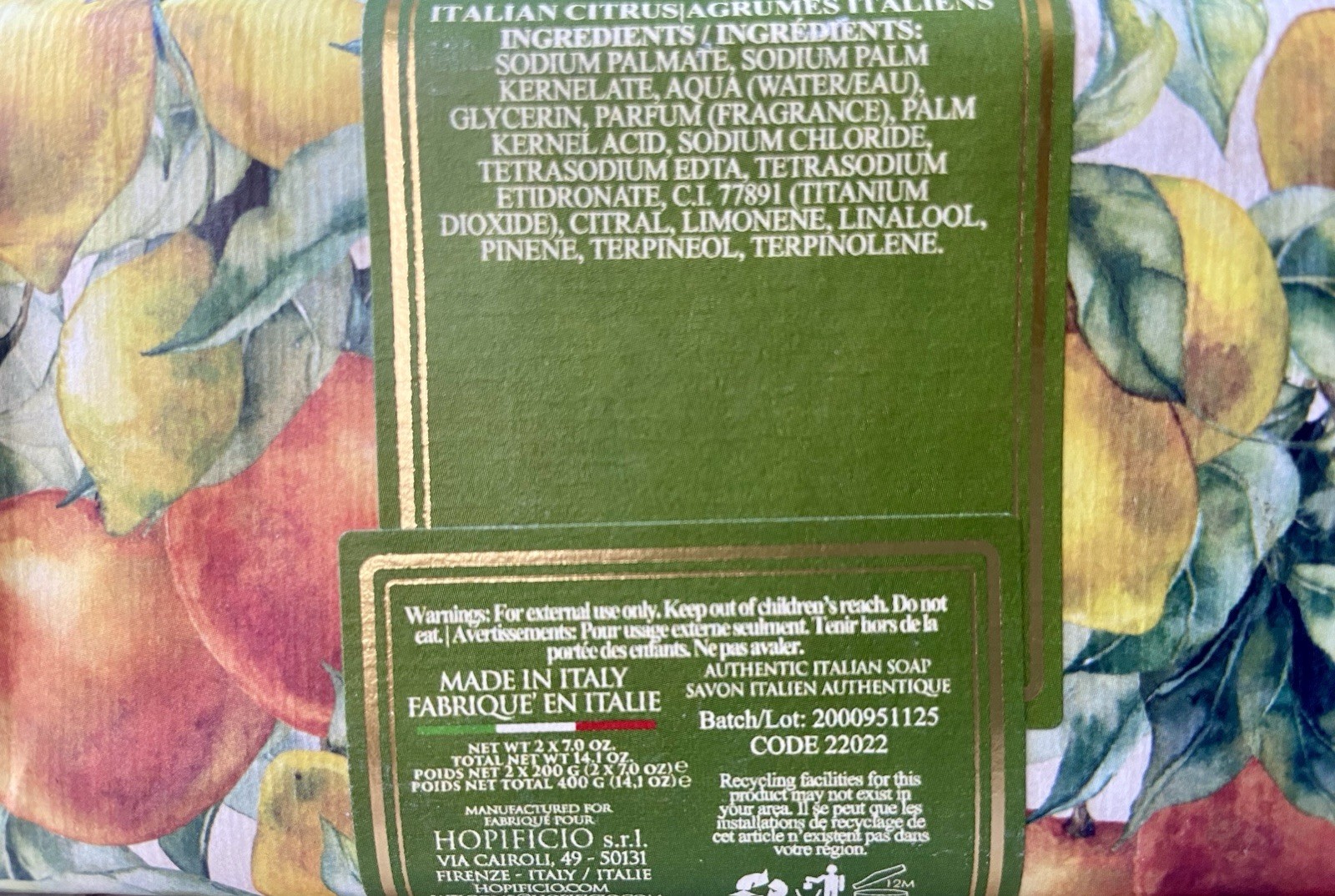 Hopificio ITALIAN CITRUS Scented Luxury 2-Pack Bath Bar Soap (14.1oz Total)