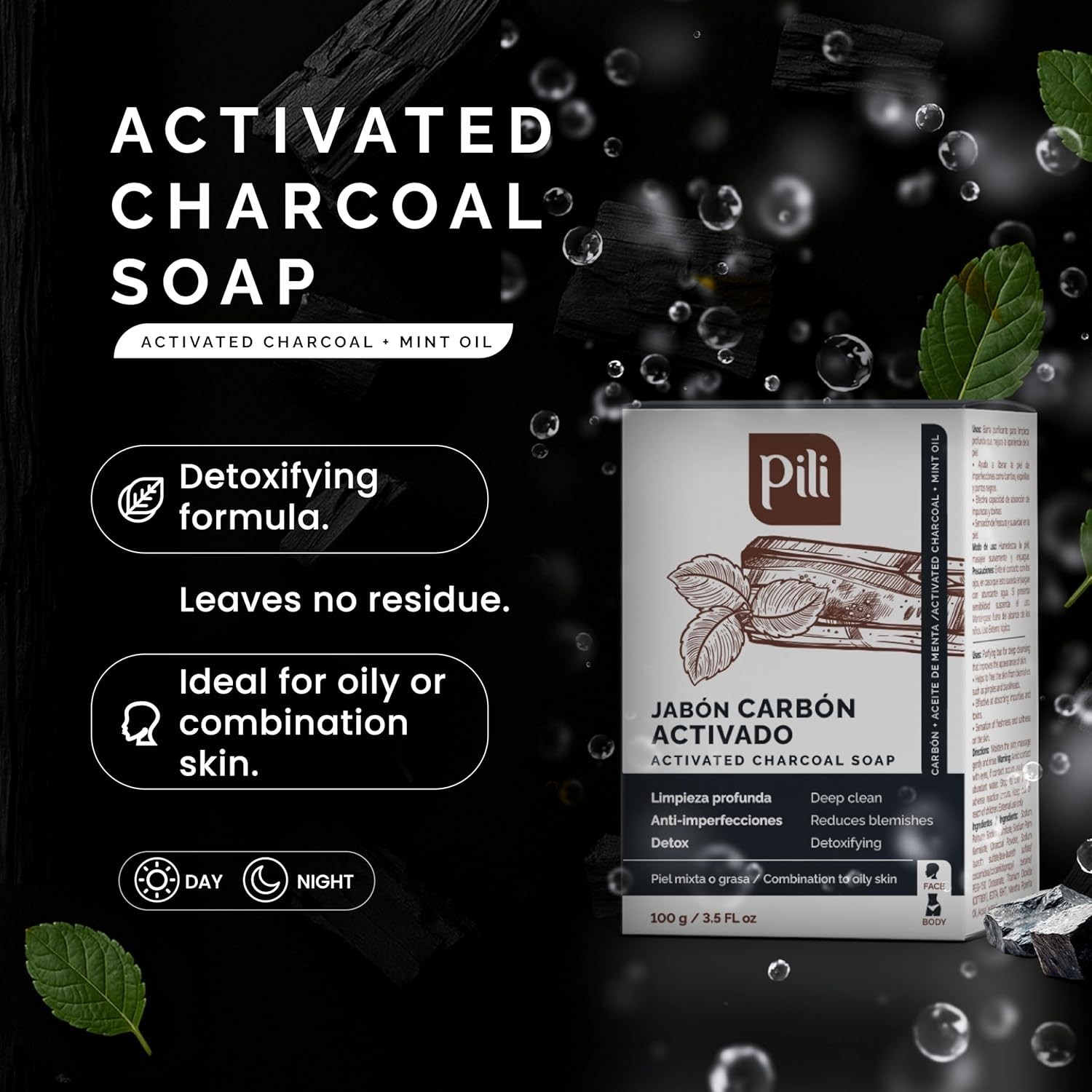 Pili Natural Activated Charcoal Detoxifying Soap Bars &Peppermint Oil (3 Pack)