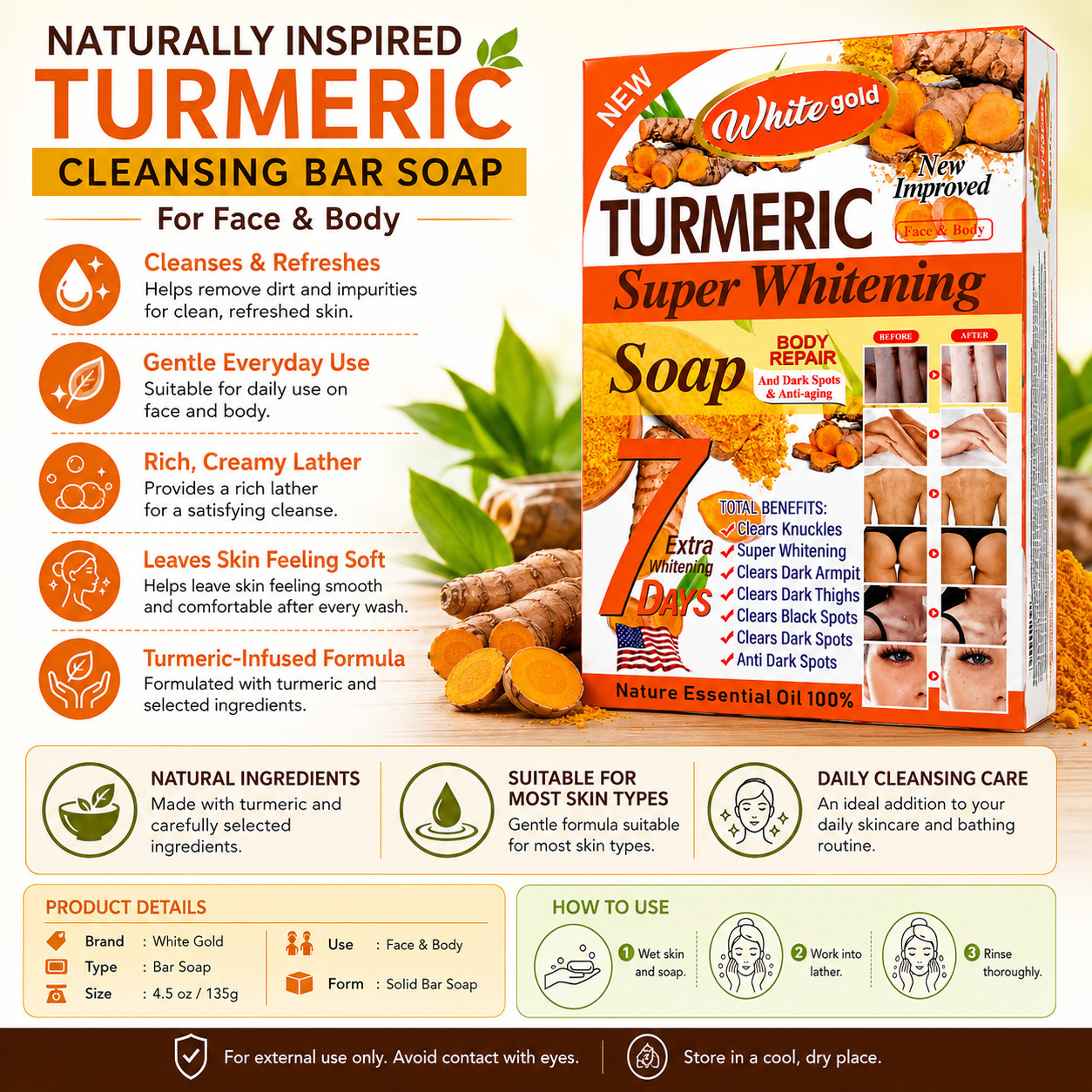 White Gold Turmeric Soap 4.5 oz Bar Soap For Face & Body Daily Cleansing – 1 Bar