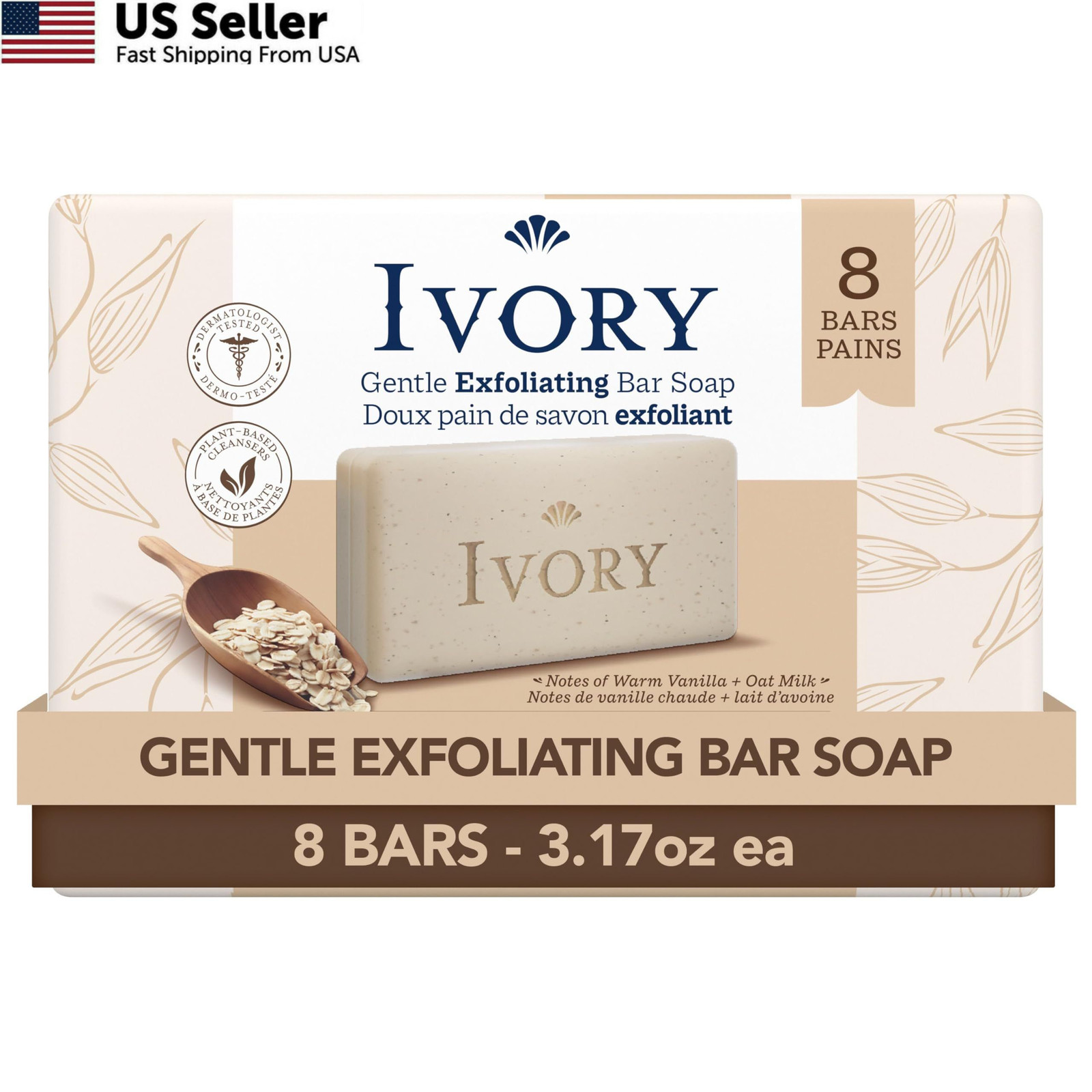 Ivory Exfoliating Bath Bar Soap, Designed for 3.17 Ounce (Pack of 8), Clear