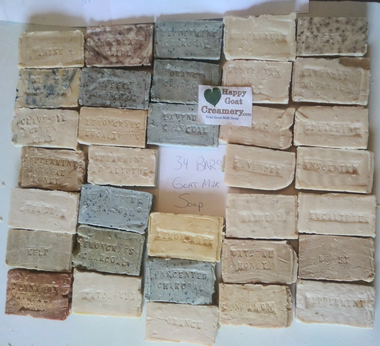 34 BARS GOAT MILK SOAP HAPPY GOAT CREAMERY LOTS OF BARS ALL DIFFERENT TYPES SOAP