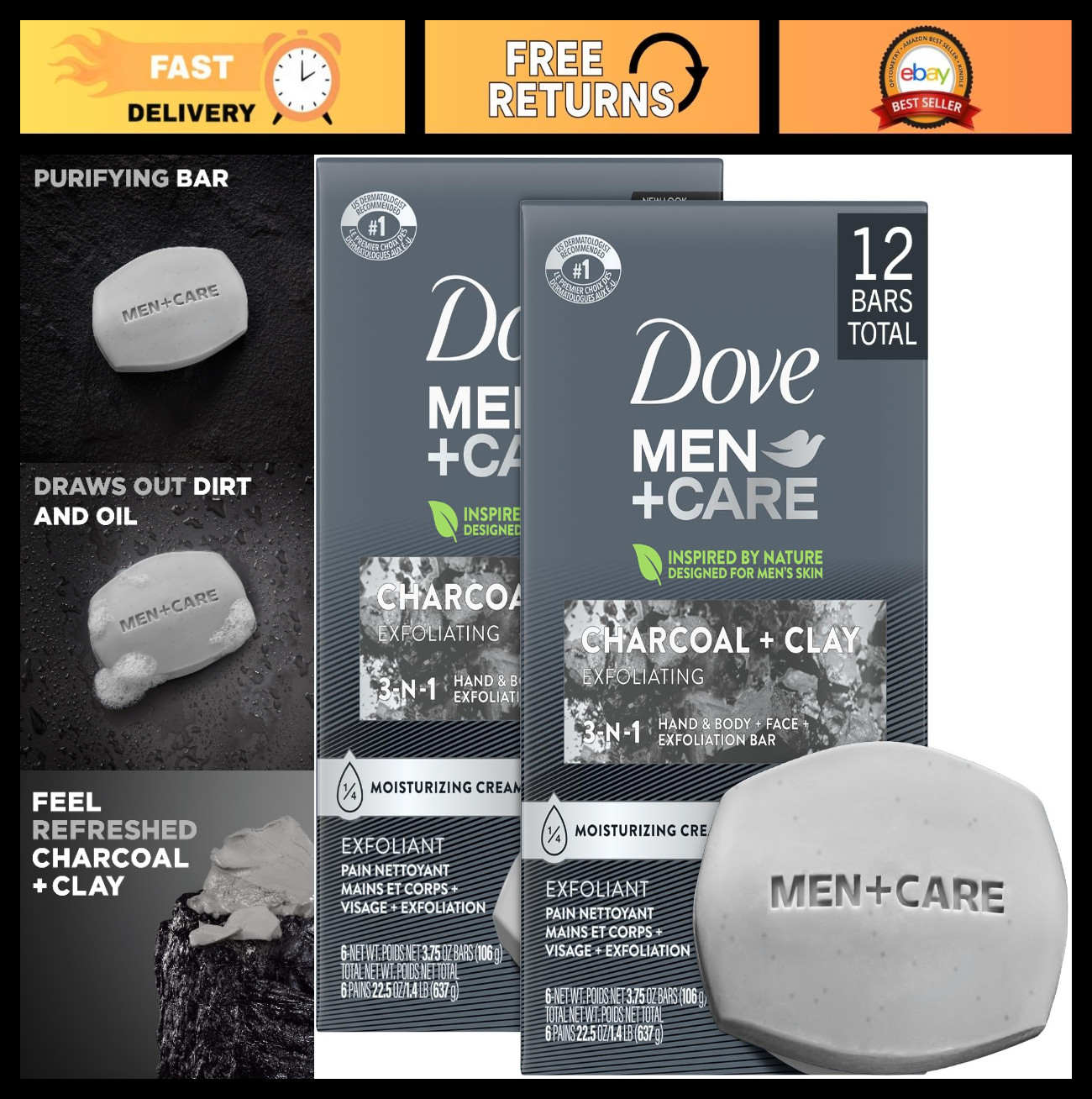 Exfoliating Charcoal Soap Bars 2-Pack – 3-in-1 Body & Face Cleanser, 12 Bars