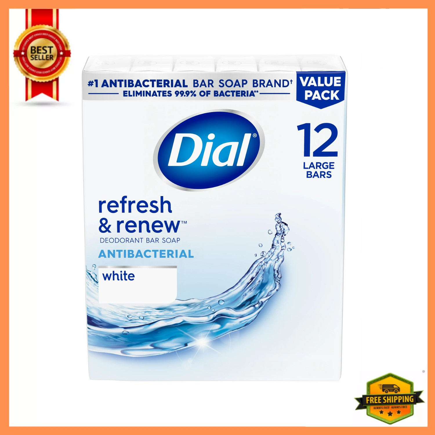 Dial Antibacterial Bar Soap, Refresh & Renew, White, 4 oz, 12 Bars