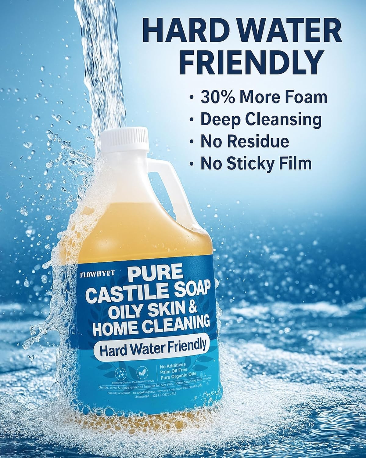 FLOWHYET Pure Castile Soap Liquid Unscented 1 Gallon 128 Fl Oz