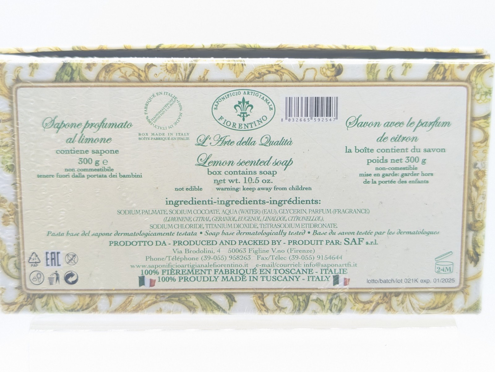 La Saponeria Firenze LEMON Scented Artisanal Soap Made In Tuscany Italy 10.5 Oz.