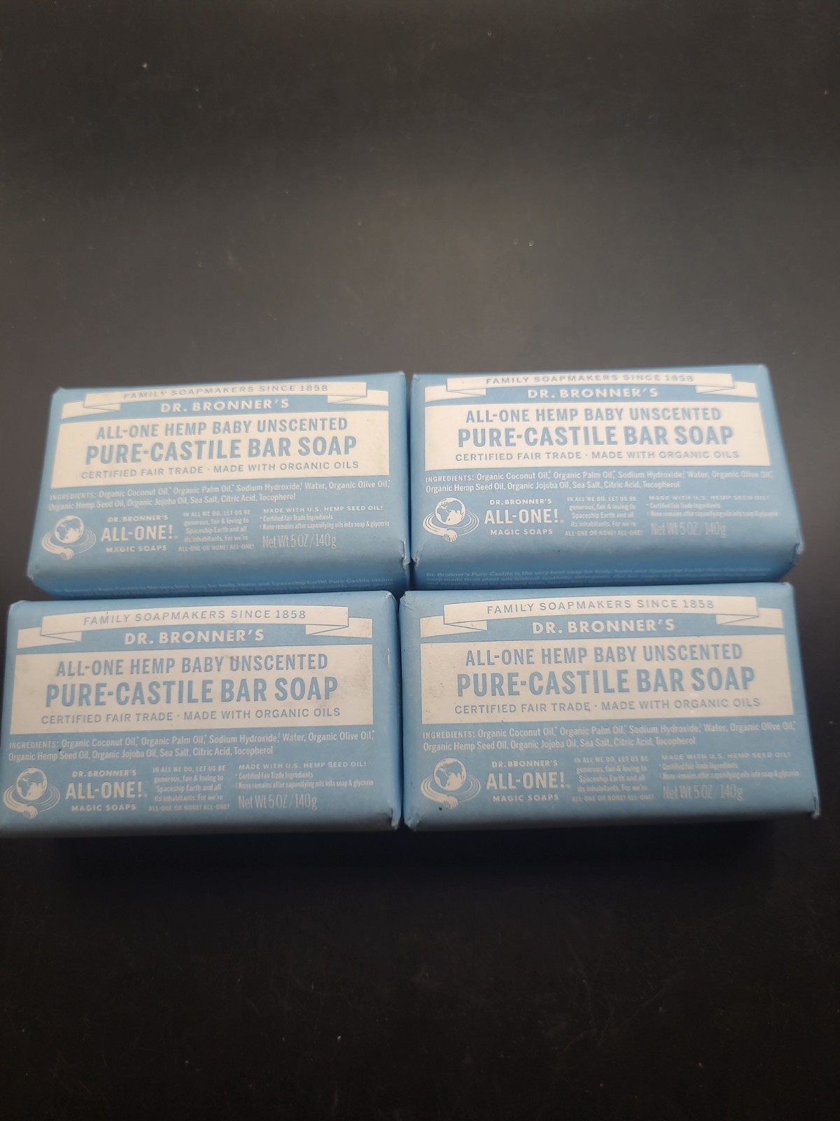 4 Bars Dr. Bronner’s All-One Hemp Baby Unscented Pure Castile Bar Soap Organic