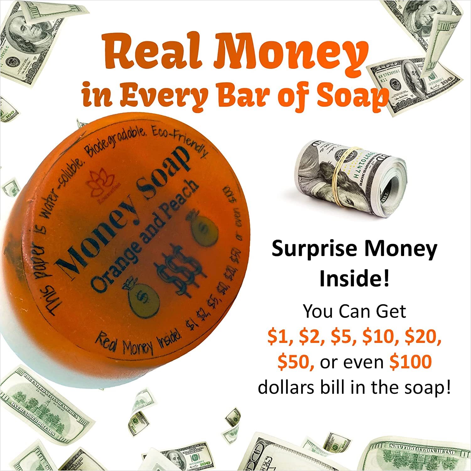 1 Glycerin Soap Bar with Real Money Inside with Cash Gift inside Orange & Peach