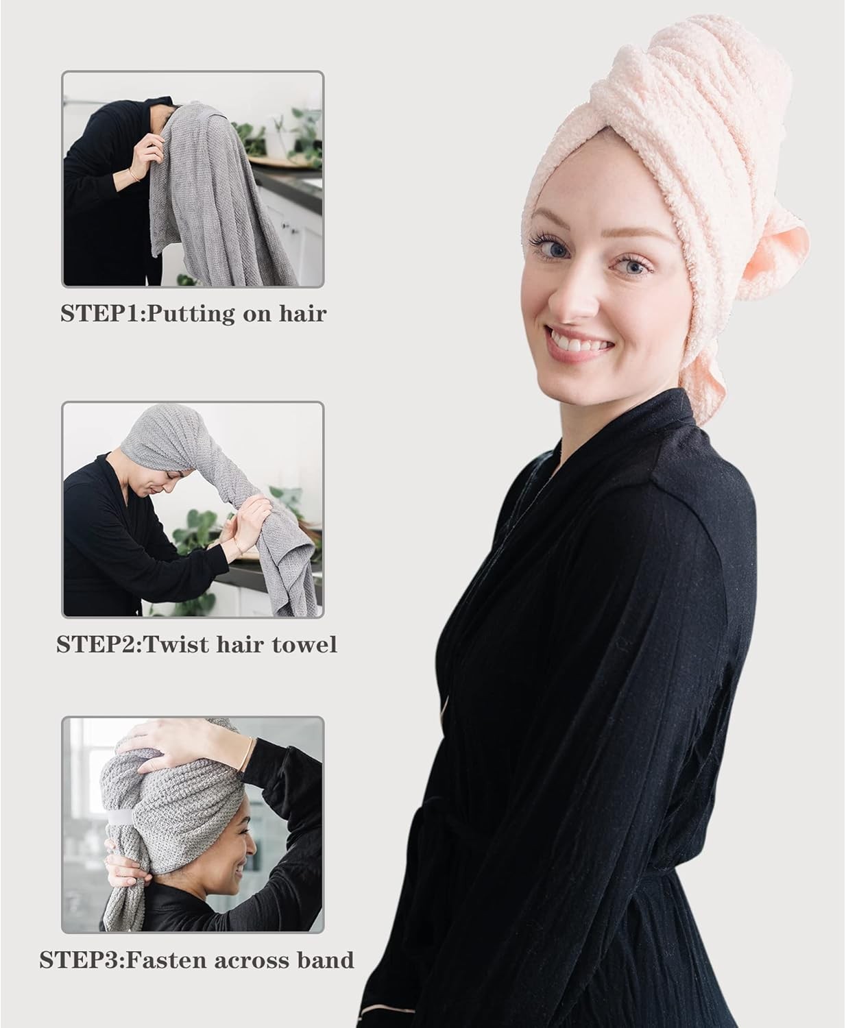 2 Packs Large Microfiber Hair Towels for Women, 27.5”*39.4”, Grey, Pink