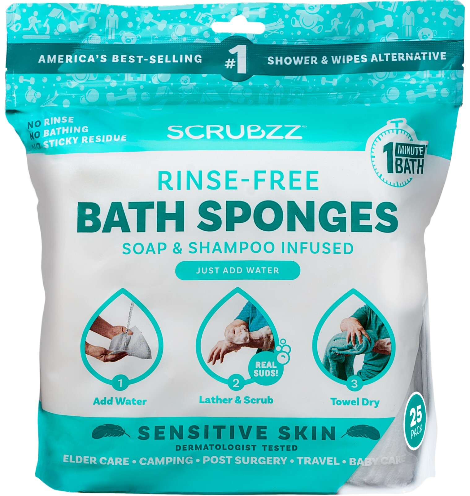 Scrubzz Disposable Rinse Free Bathing Sponges – Sensitive Skin, 100 Count