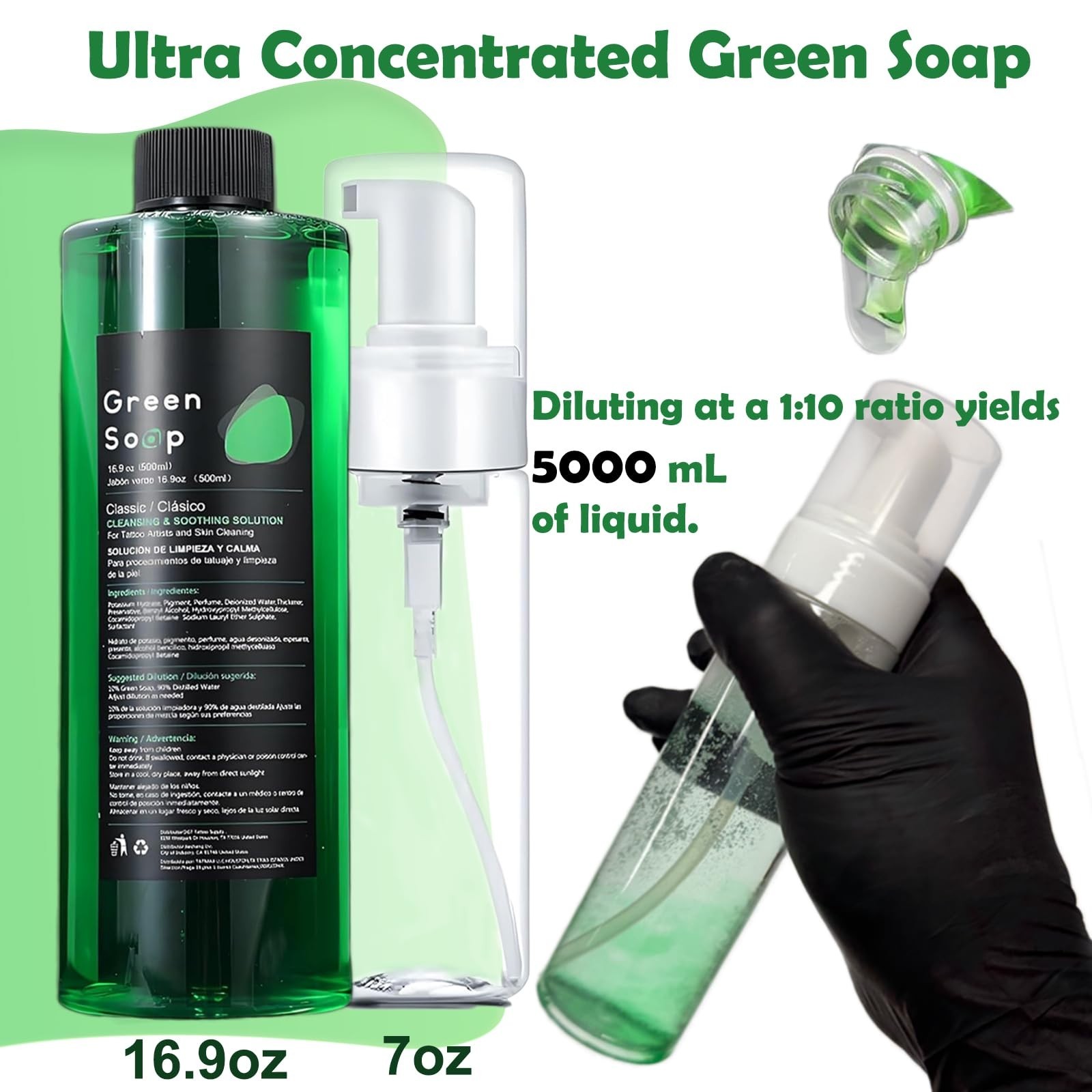 Ultra Concentrated Green Soap 16.9oz & 7oz Foam Bottle – Tattoo Supplies, Makes