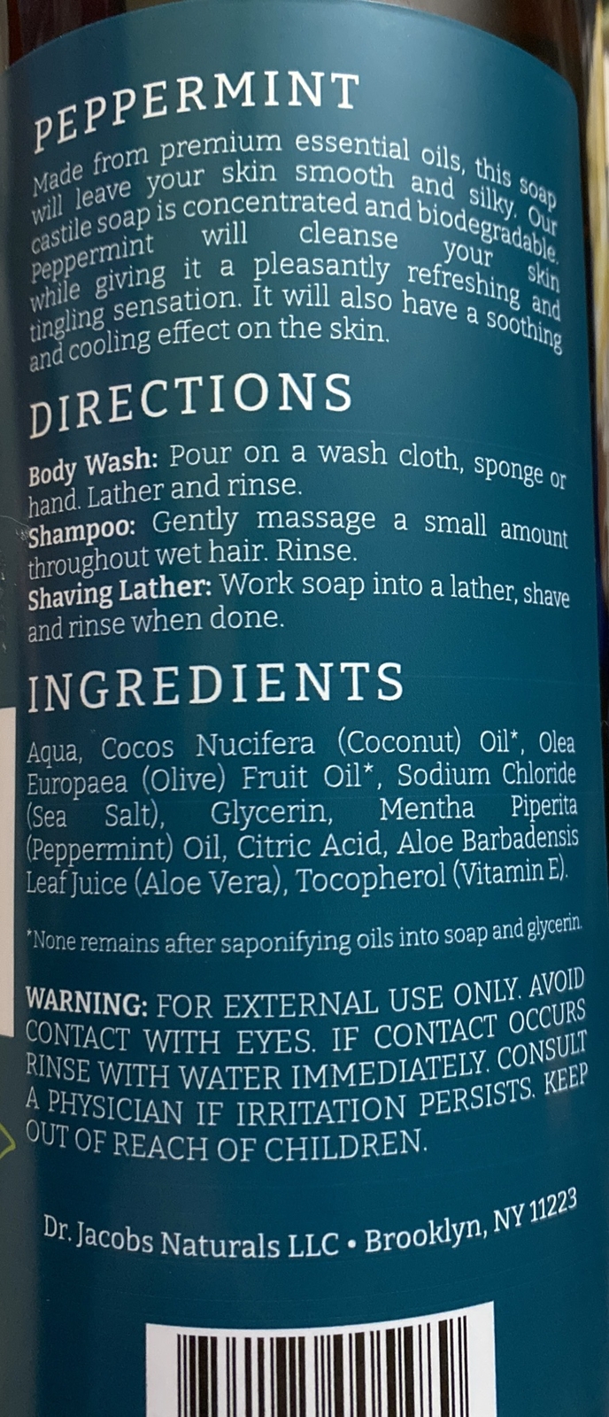 Dr Jacobs Plant-Based Rich Castile Body Wash Peppermint Essential Oil 32 oz