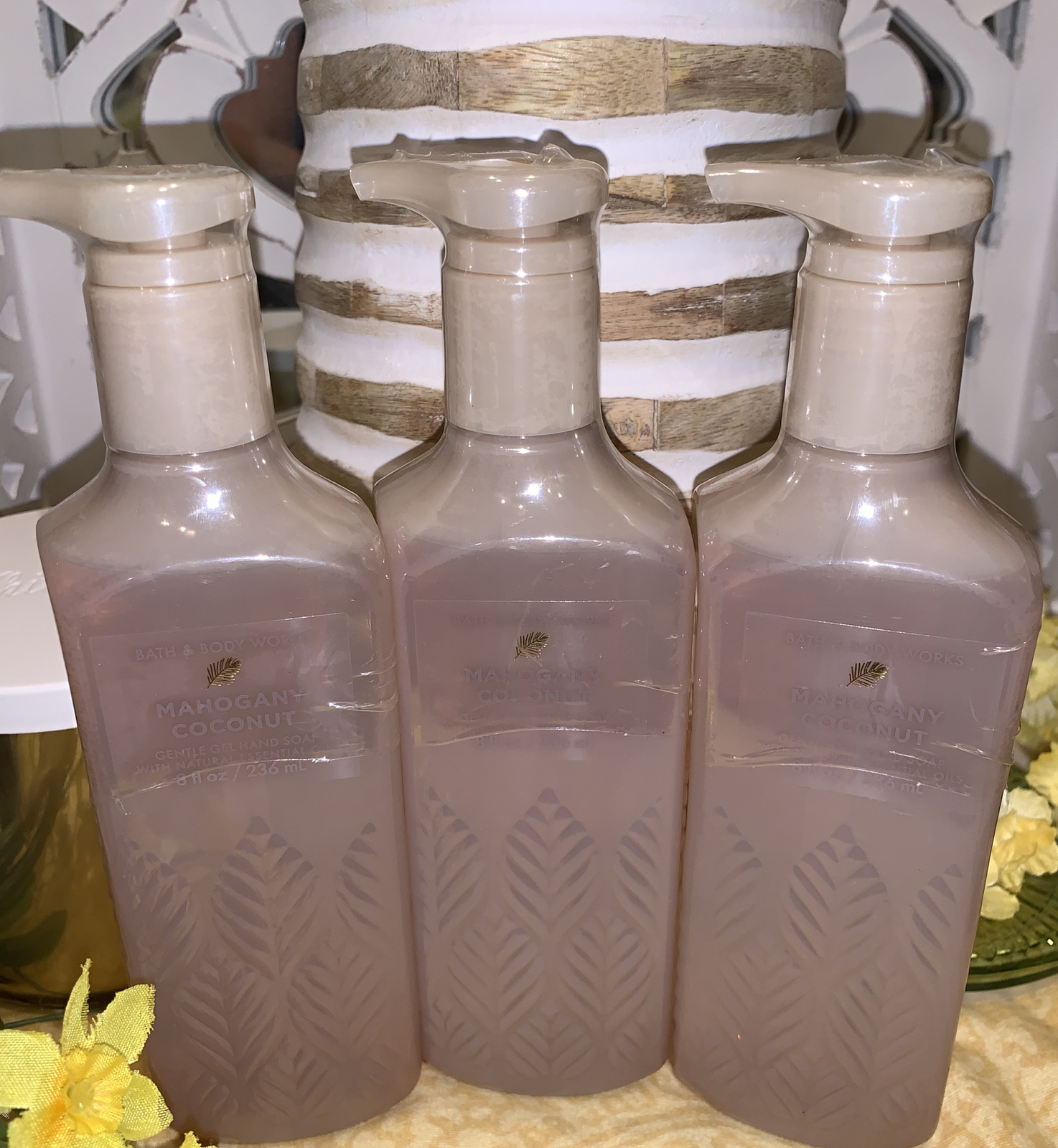 Bath & Body Works Gentle Gel Hand Soap Lot Set 3 MAHOGANY COCONUT w/ essen. oils