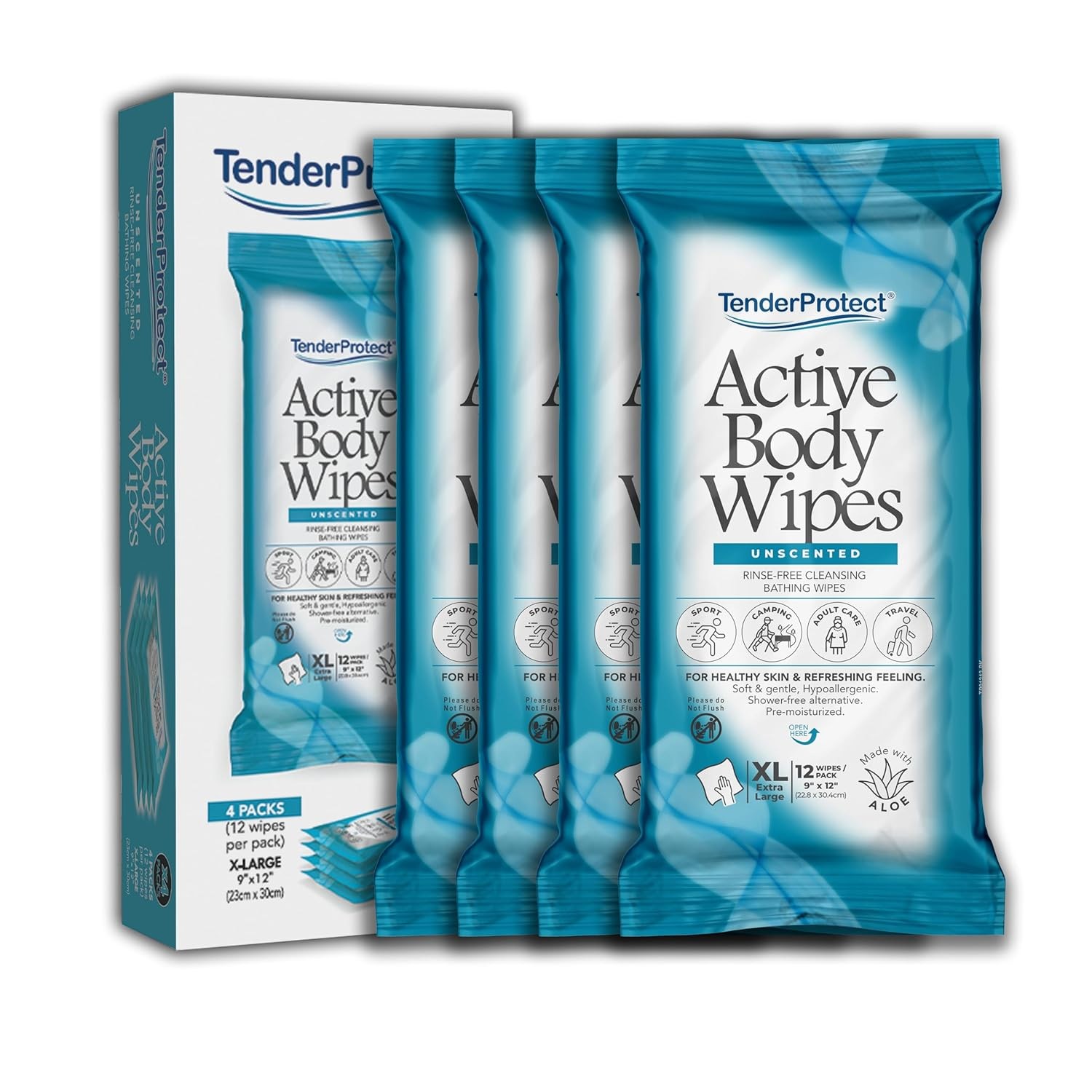 Active Body Wipes, XL Rinse-Free Shower Wipe for Adults, 1 Count (Pack of 48)