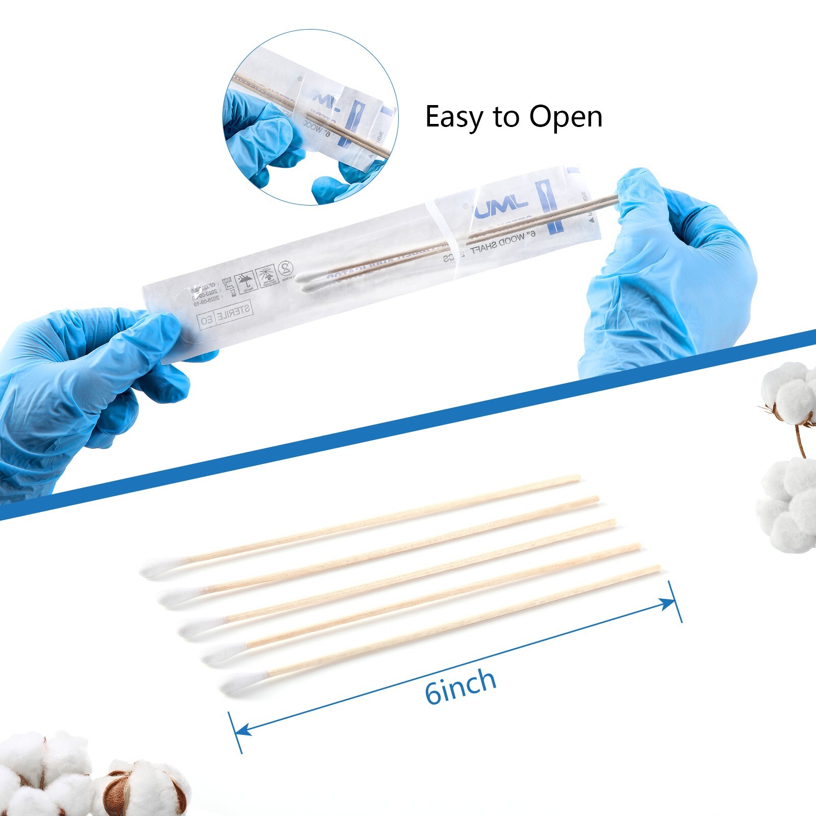 200pcs Sterile Cotton Swab Tipped Applicator, 6” Dental Medical Makeup