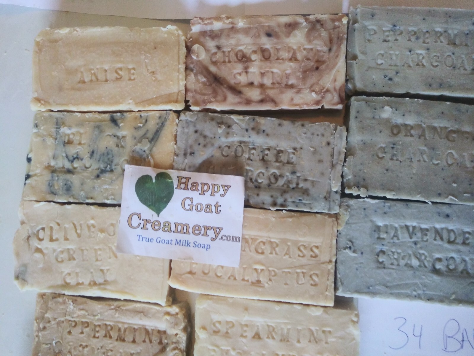 34 BARS GOAT MILK SOAP HAPPY GOAT CREAMERY LOTS OF BARS ALL DIFFERENT TYPES SOAP