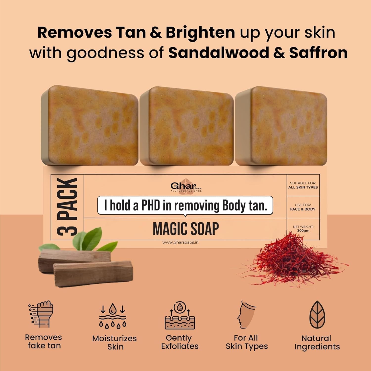 Ghar Soaps Sandalwood & Saffron Magic Soaps For Bath (300 Gms Pack Of 3)