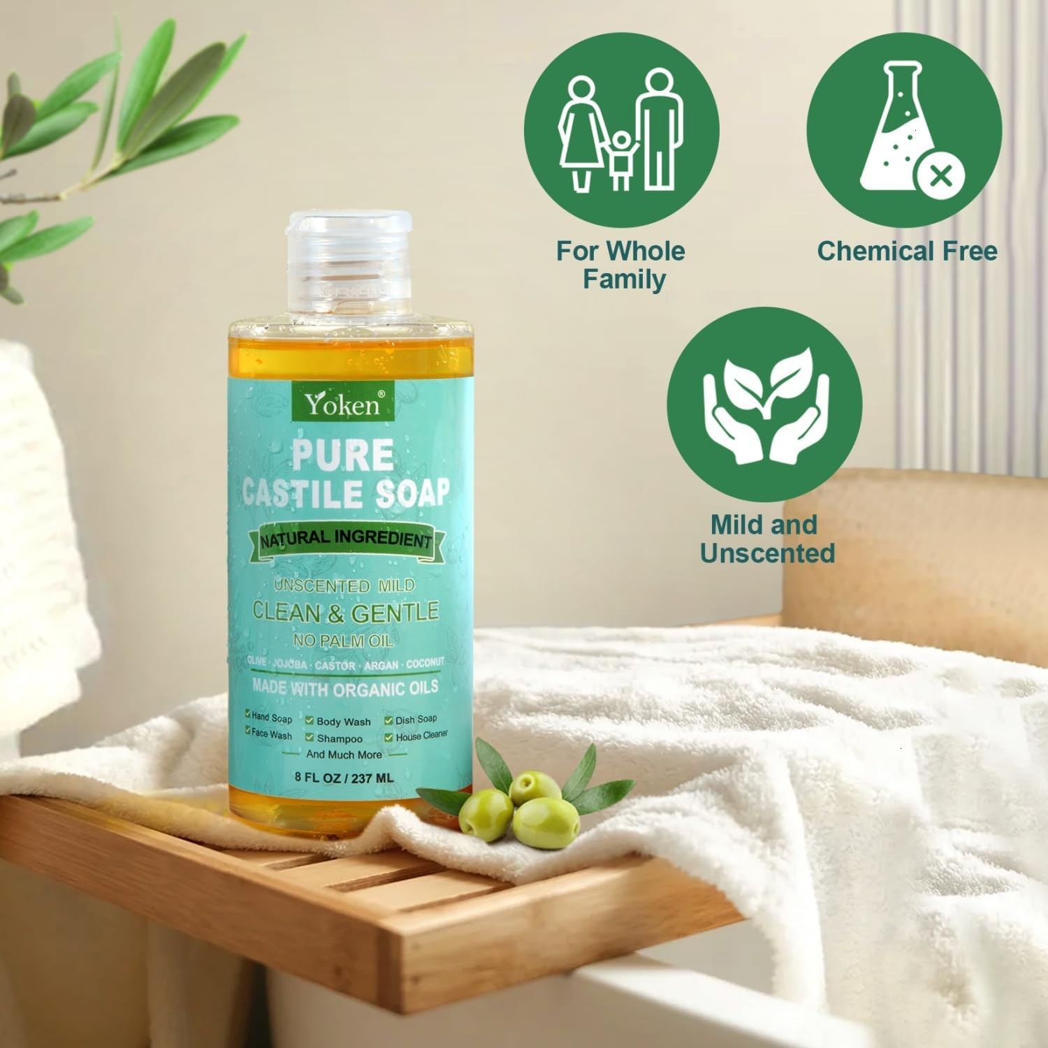 Pure Castile Liquid Soap Organic (EWG Verified, Unscented, 8 OZ), Made with Orga