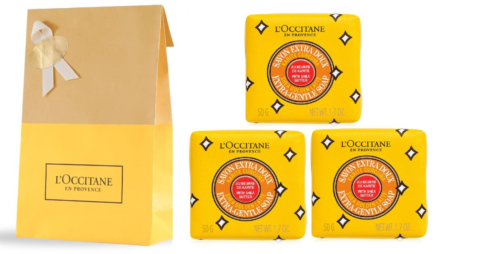 3 PC L’Occitane En Provence GOLDEN SHEA LATTE Extra Gentle Soap 3 X 1.7 oz NIB