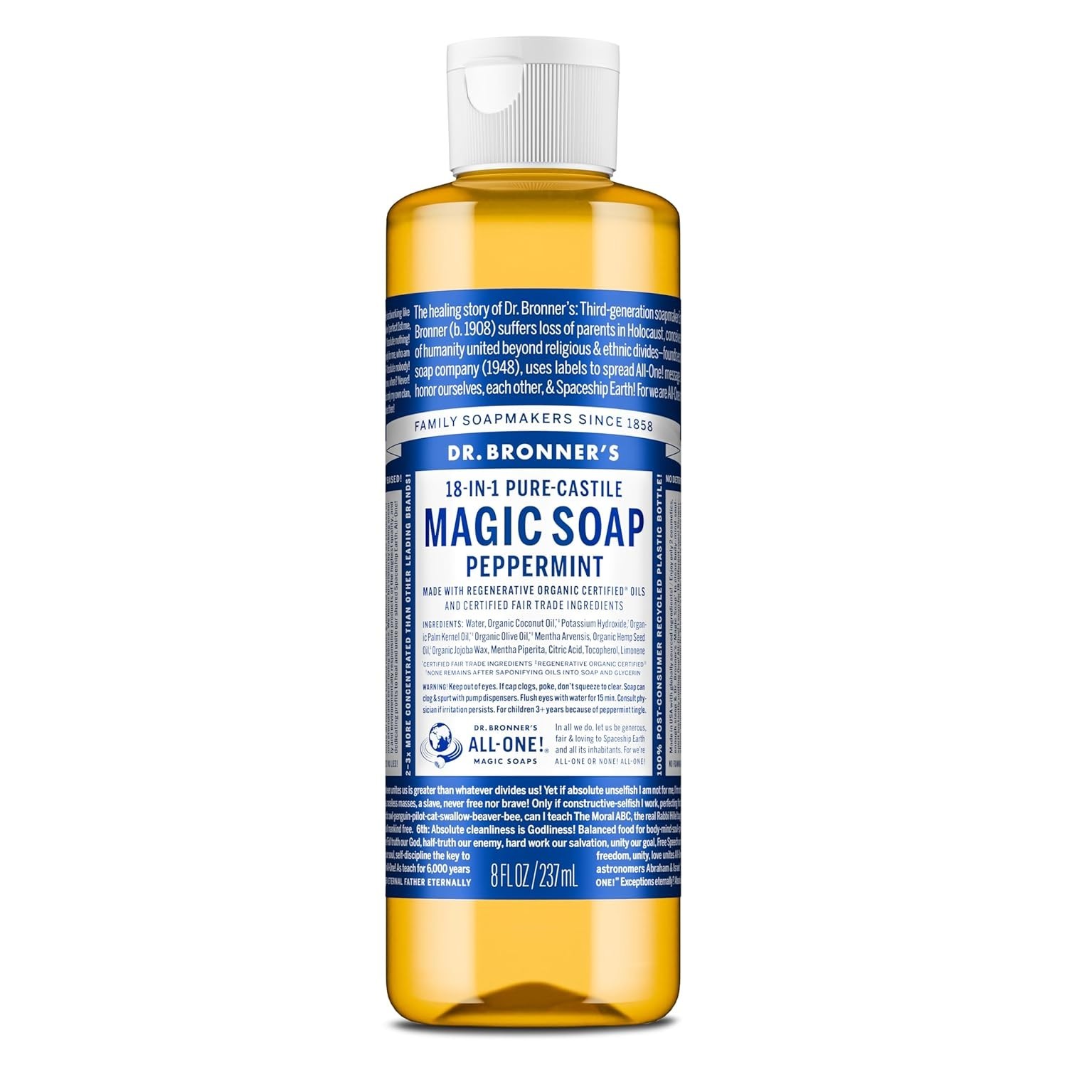 18-in-1 Pure-Castile Liquid Soap 8 Oz Peppermint – Organic, Non-GMO,