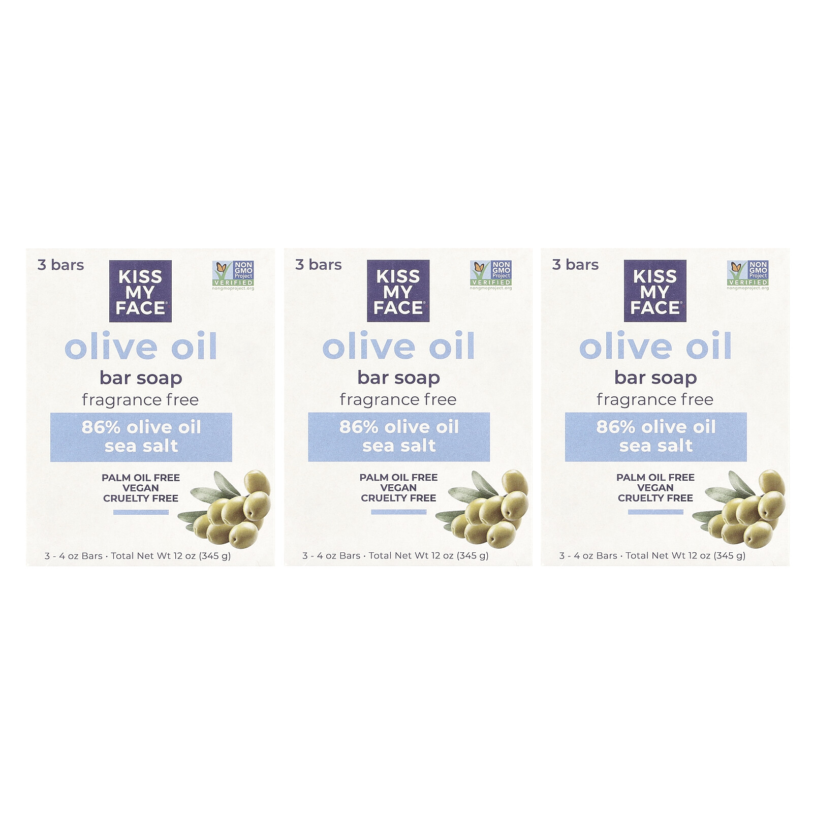Olive Oil Bar Soap, Fragrance Free, 3 Bars, 4 oz Each
