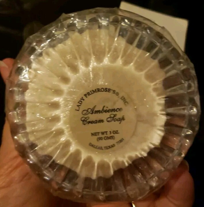 Lady Primrose AMBIANCE Cream Soap 2-3Oz. Hexagonal Bars On Crystal Soap Dish