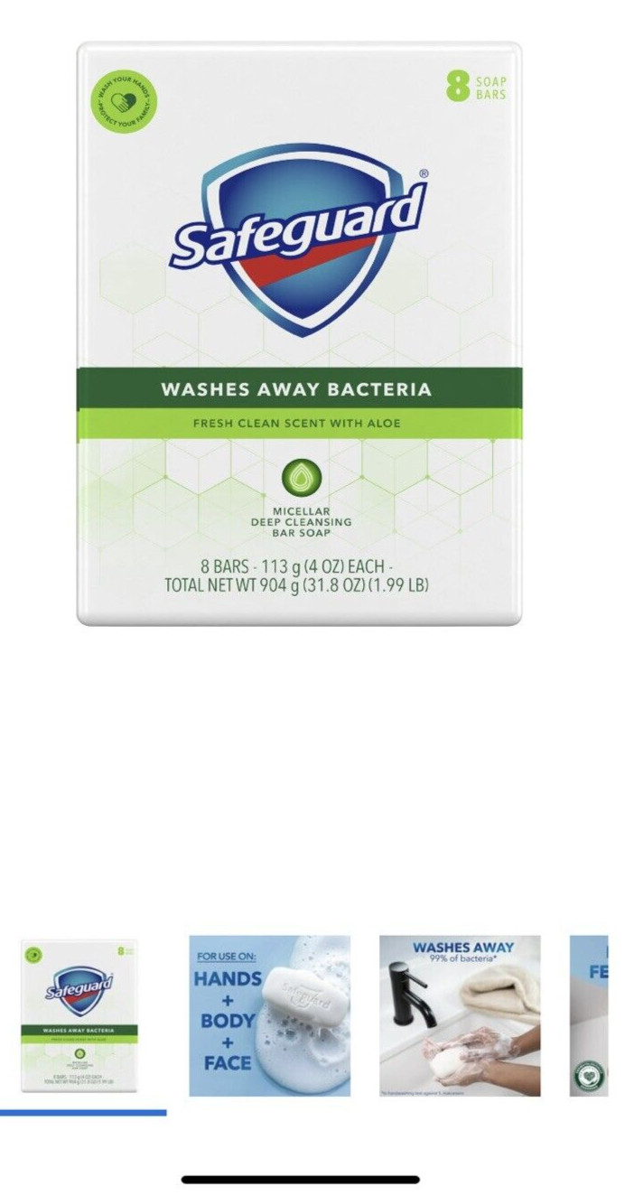 8 bars SAFEGUARD Bar Soap WASHES AWAY 99% of BACTERIA 4 oz WITH ALOE Extract