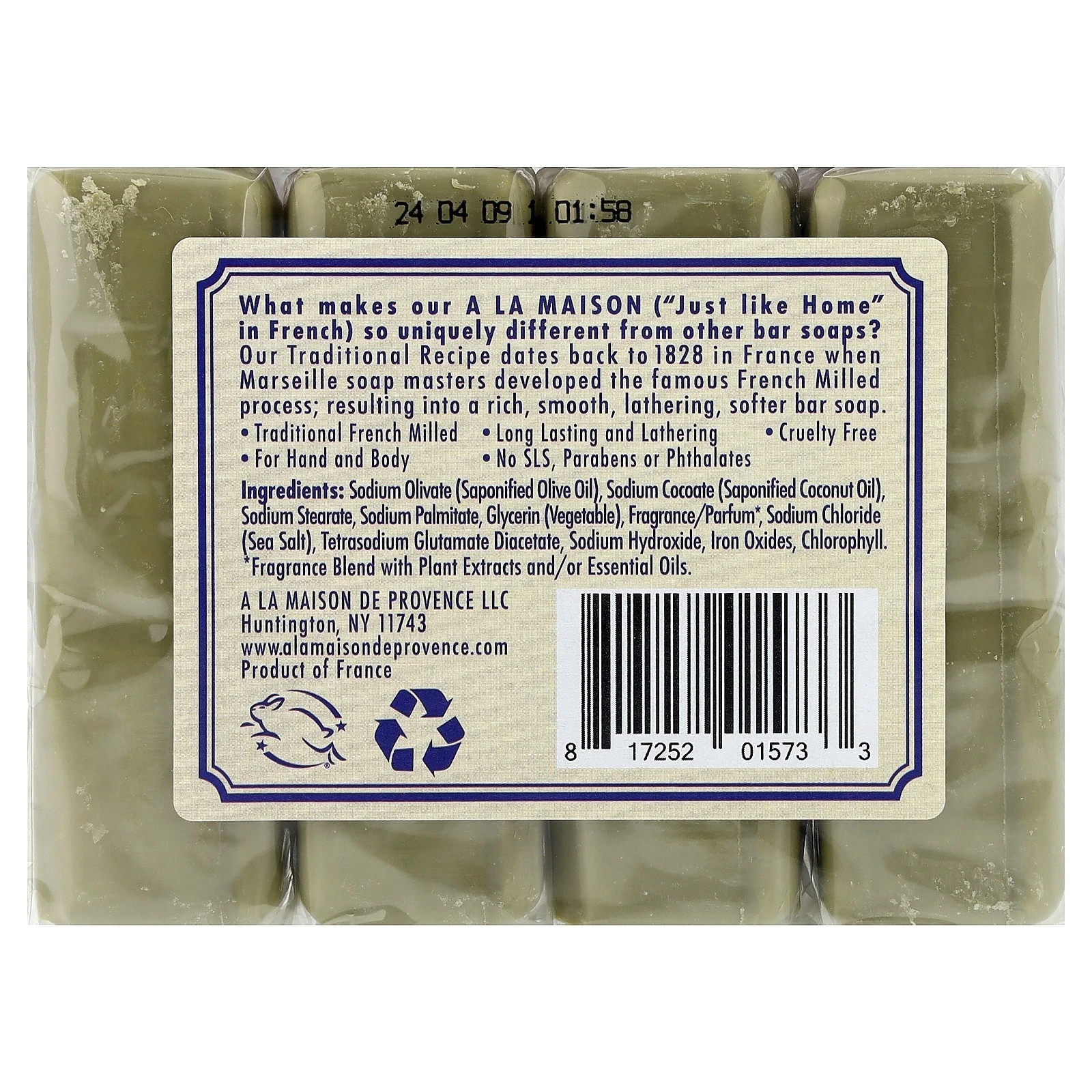 A La Maison French Bar Soap, Lavender Oil, Rosemary/ Olive Oil, 4 Bars , 3.5 Oz