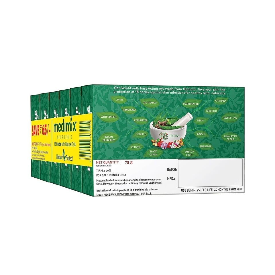 Medimix Ayurvedic Herbal Classic 18 Herbs Soap 75 gms Each pack of 6 FREE SHIP
