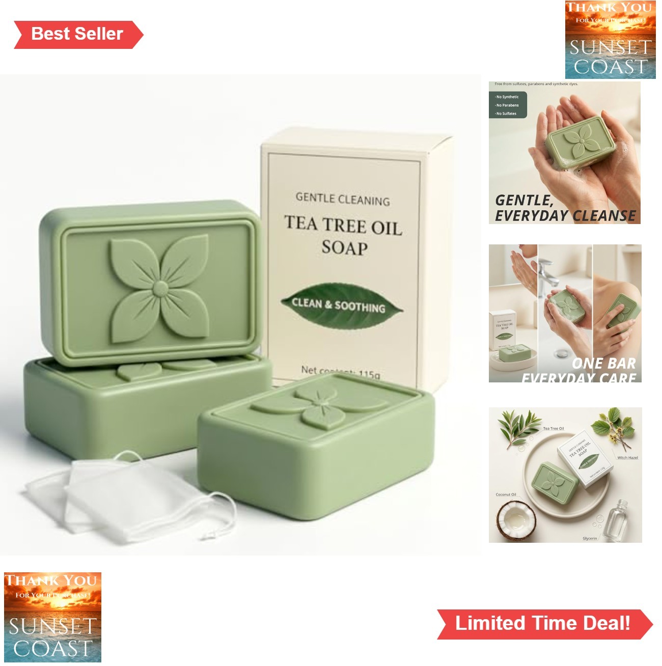 Tea Tree Antifungal Soap Bar 3 Pack 115g Each Body Wash For Gym Post Workout