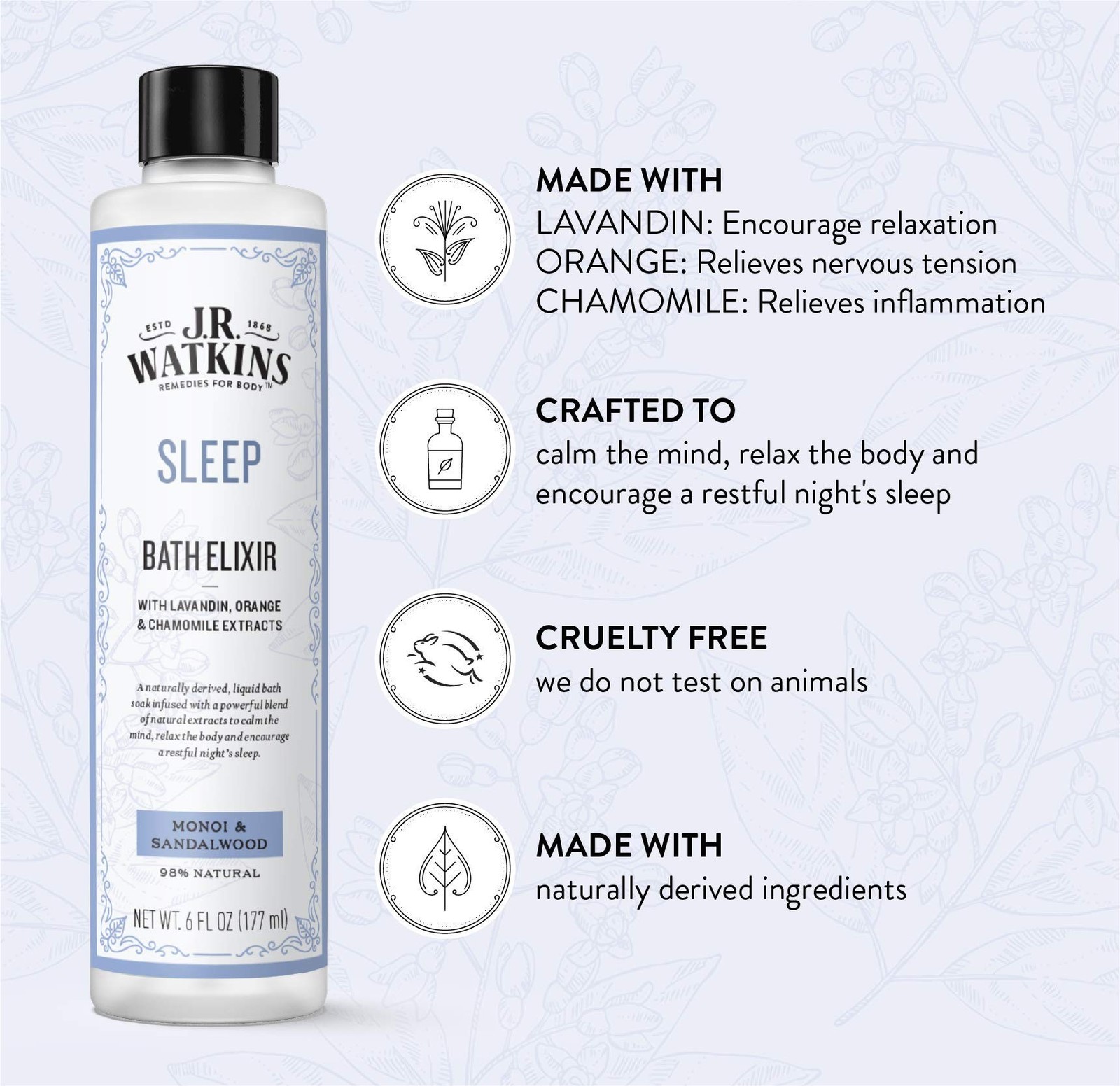 J.R. Watkins Sleep Bath Elixir, Liquid Bath Soak, Monoi & Sandalwood with Nat…