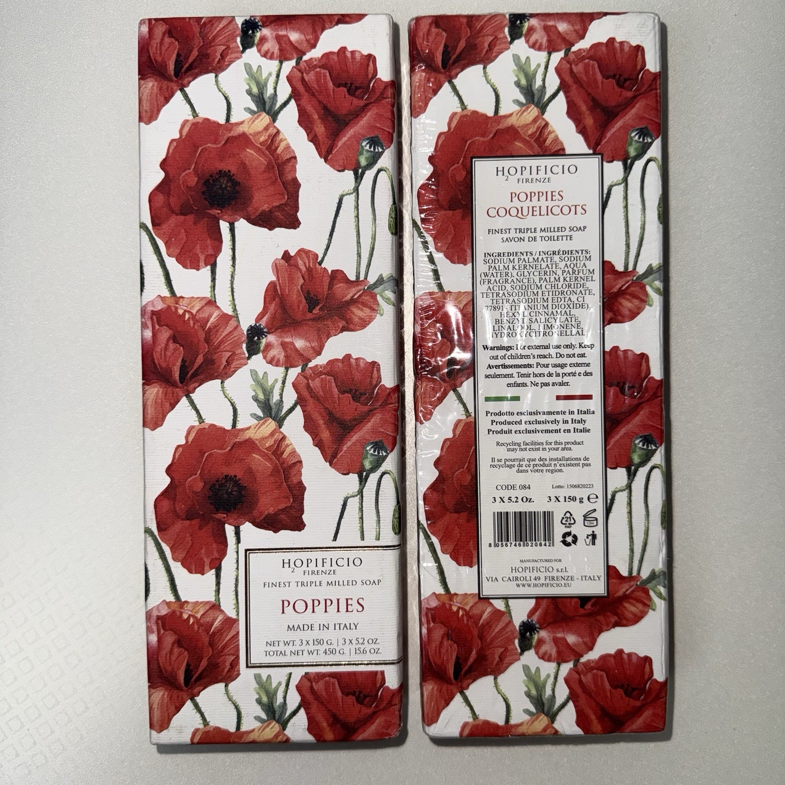 Hopificio Poppies Italian Soap Set 3 Bars 5.2 oz. Ea Triple Milled SEALED