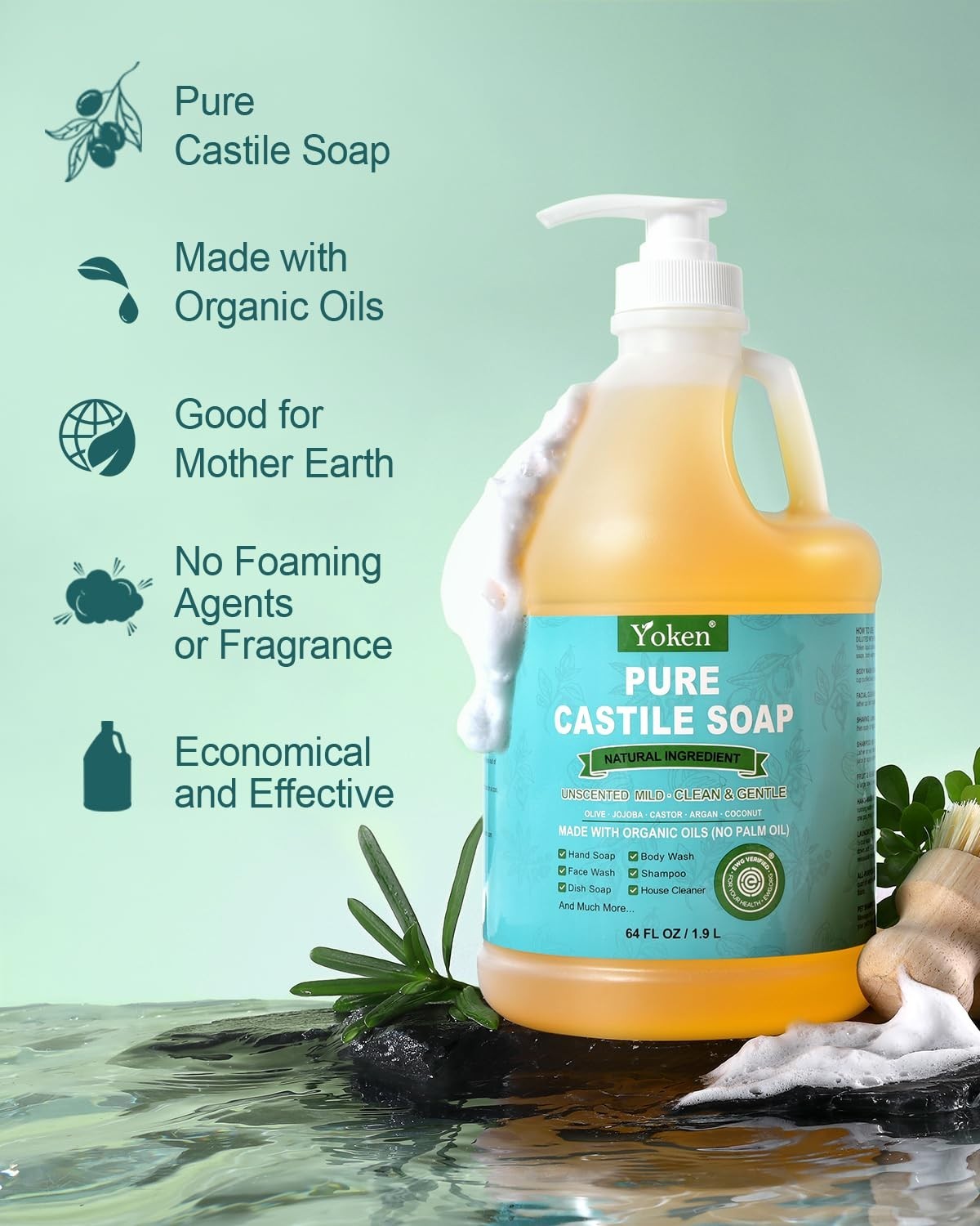 EWG Verified Organic Castile Soap Liquid Unscented 64oz Pure Organic Oil