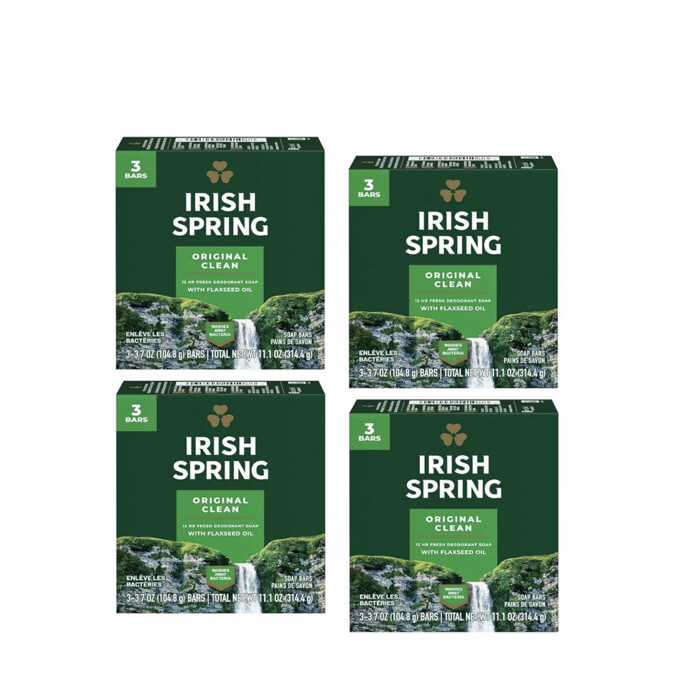 Irish Spring Original Clean Deodorant Bar Soap 3.7 oz (3 pk X 4 = Total 12 bars