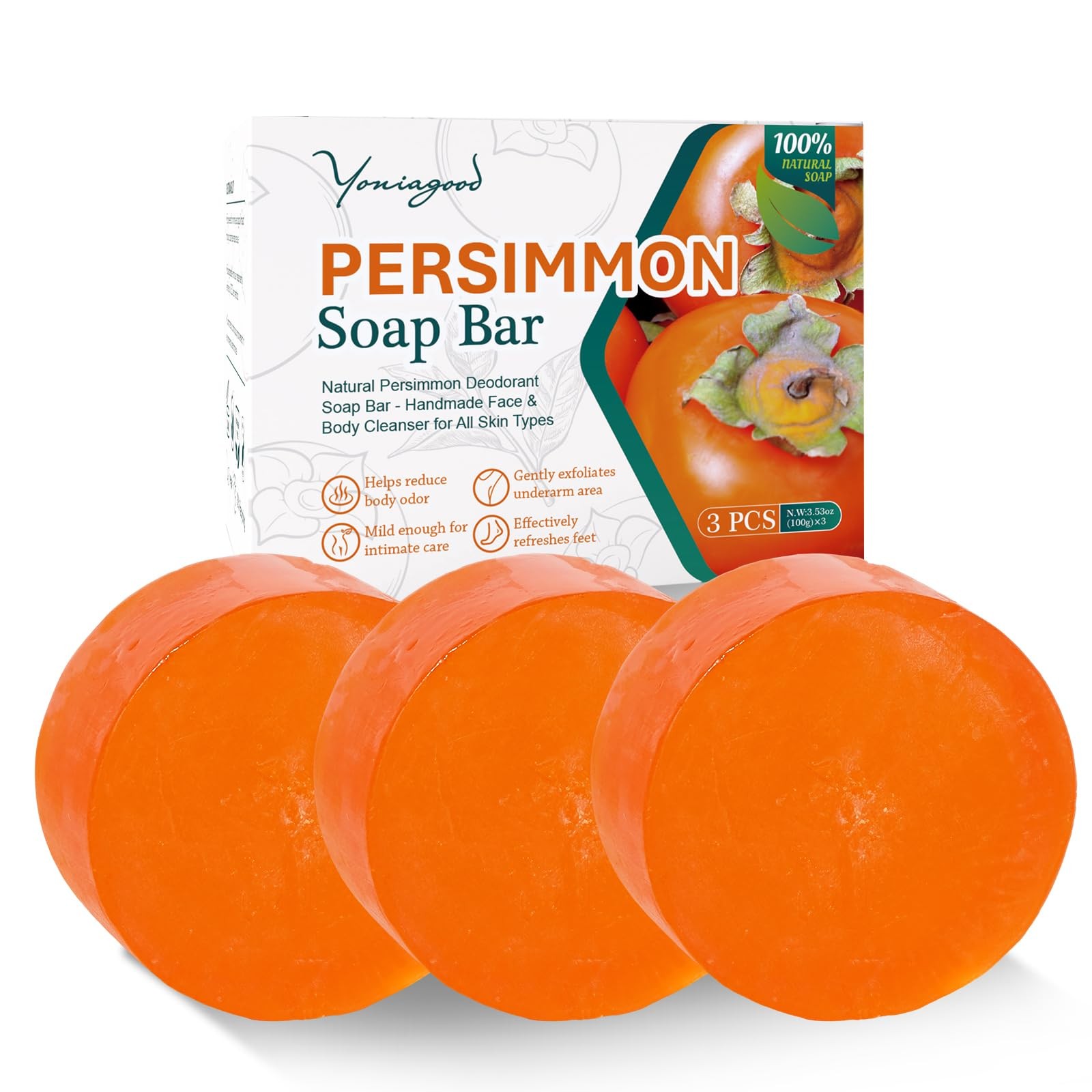 yoniagood 3 PCS Persimmon Soap for Body Odor Control, 3.53 Ounce (Pack of 3)