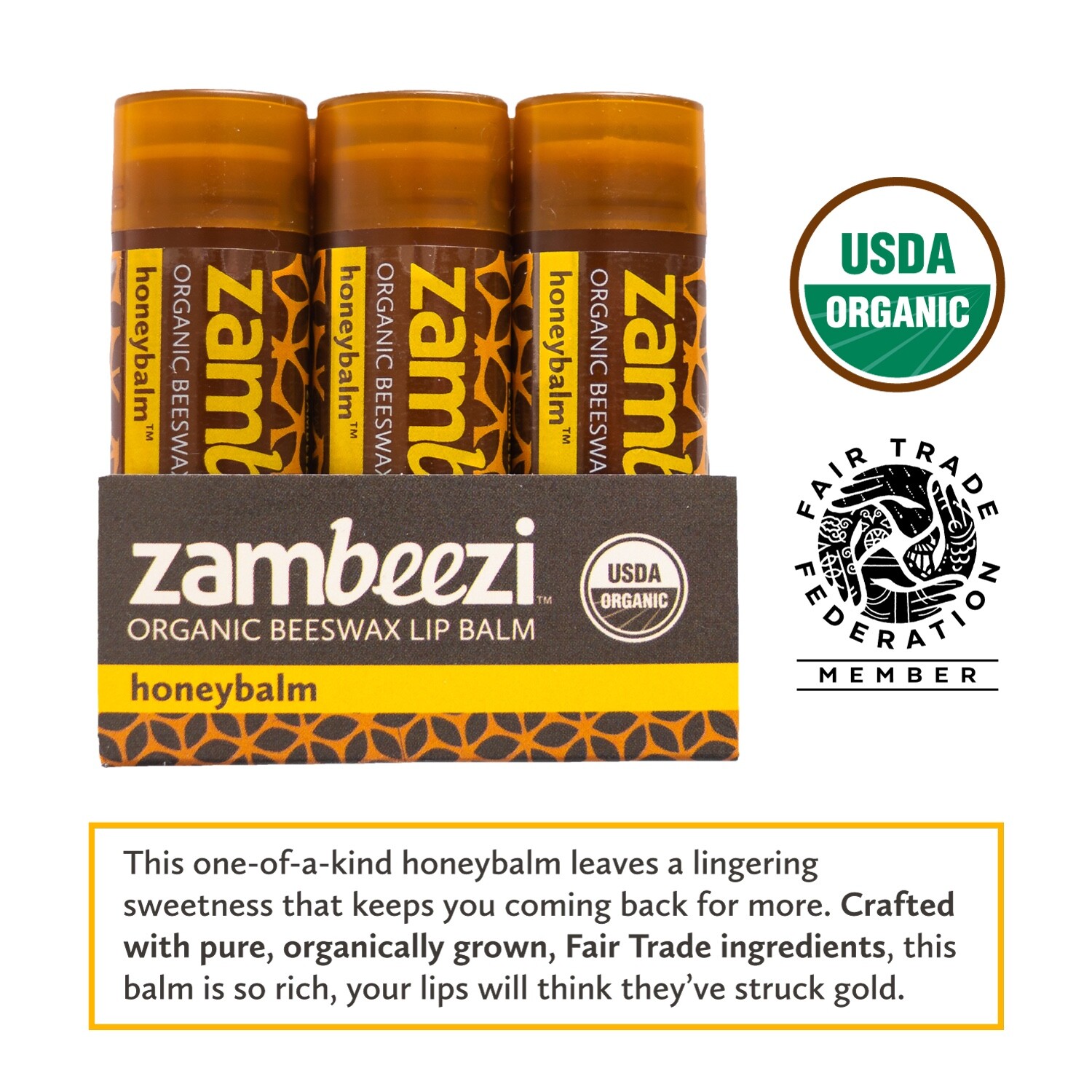 3 pack Zambeezi Organic Fairtrade Beeswax Lip Balm – Zambia, Africa Honeybalm