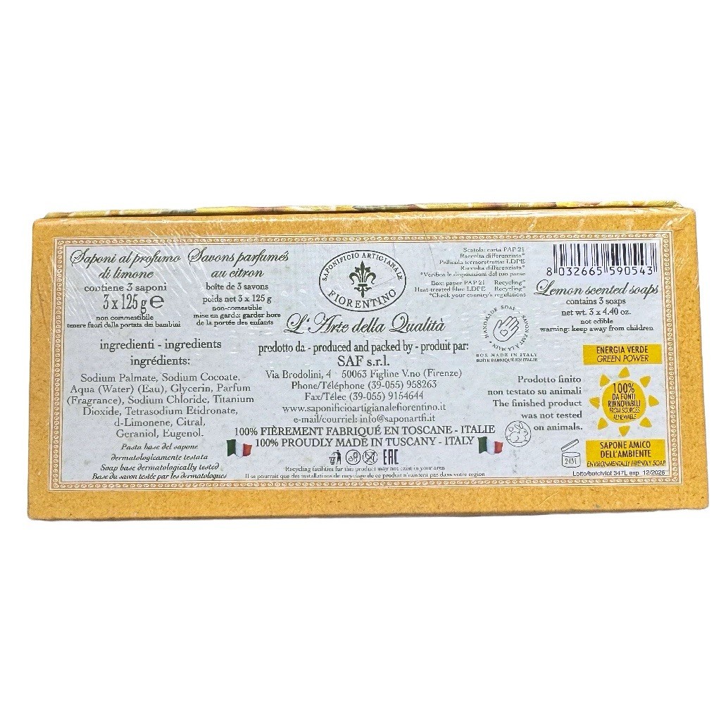 La Saponeria Firenze Italian Vegetable Soap Tuscany Lemon 3 Bars Sapone