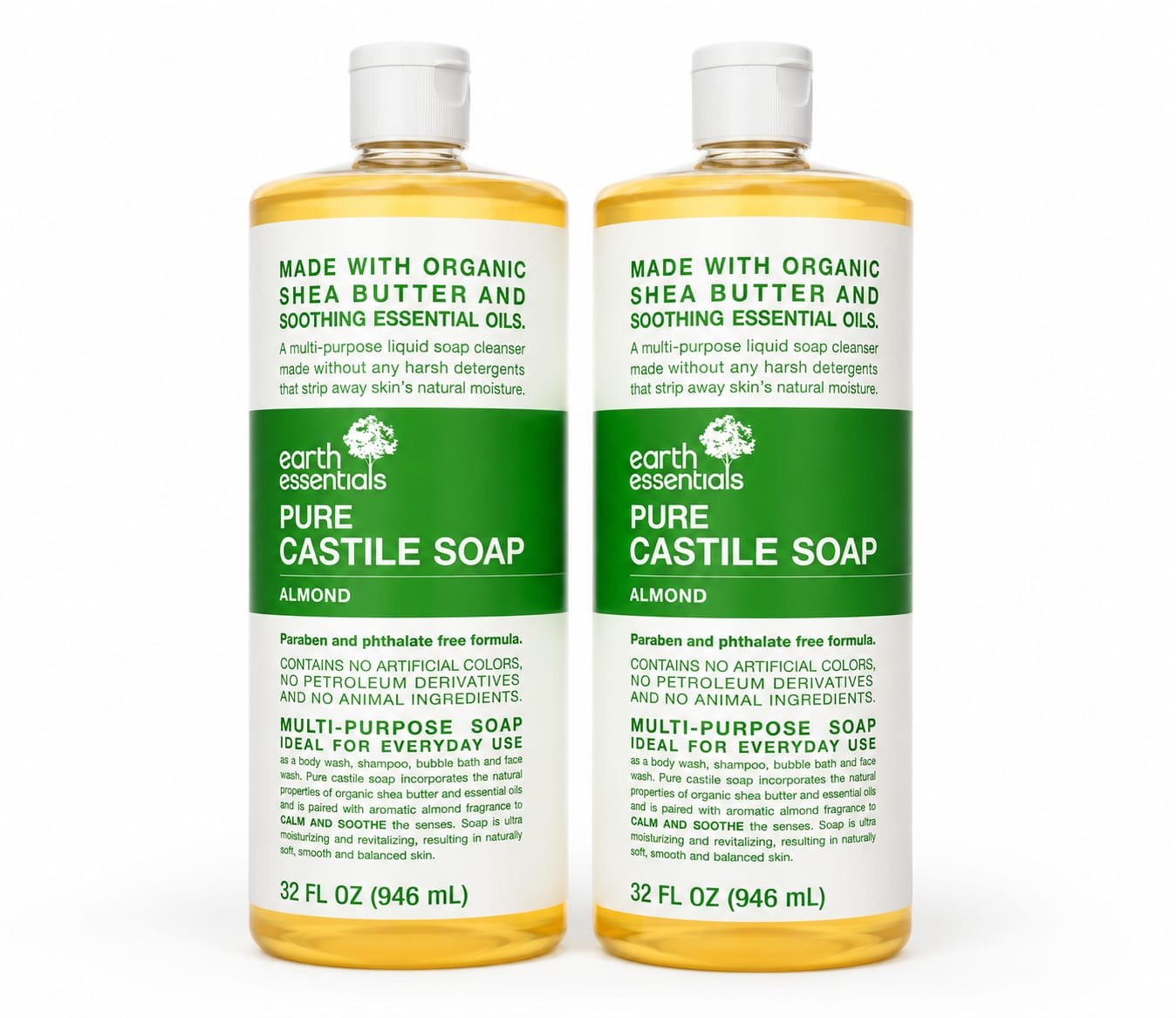 Pack Of 2 Earth Essentials Almond Pure Castile Liquid Soap (32 oz)