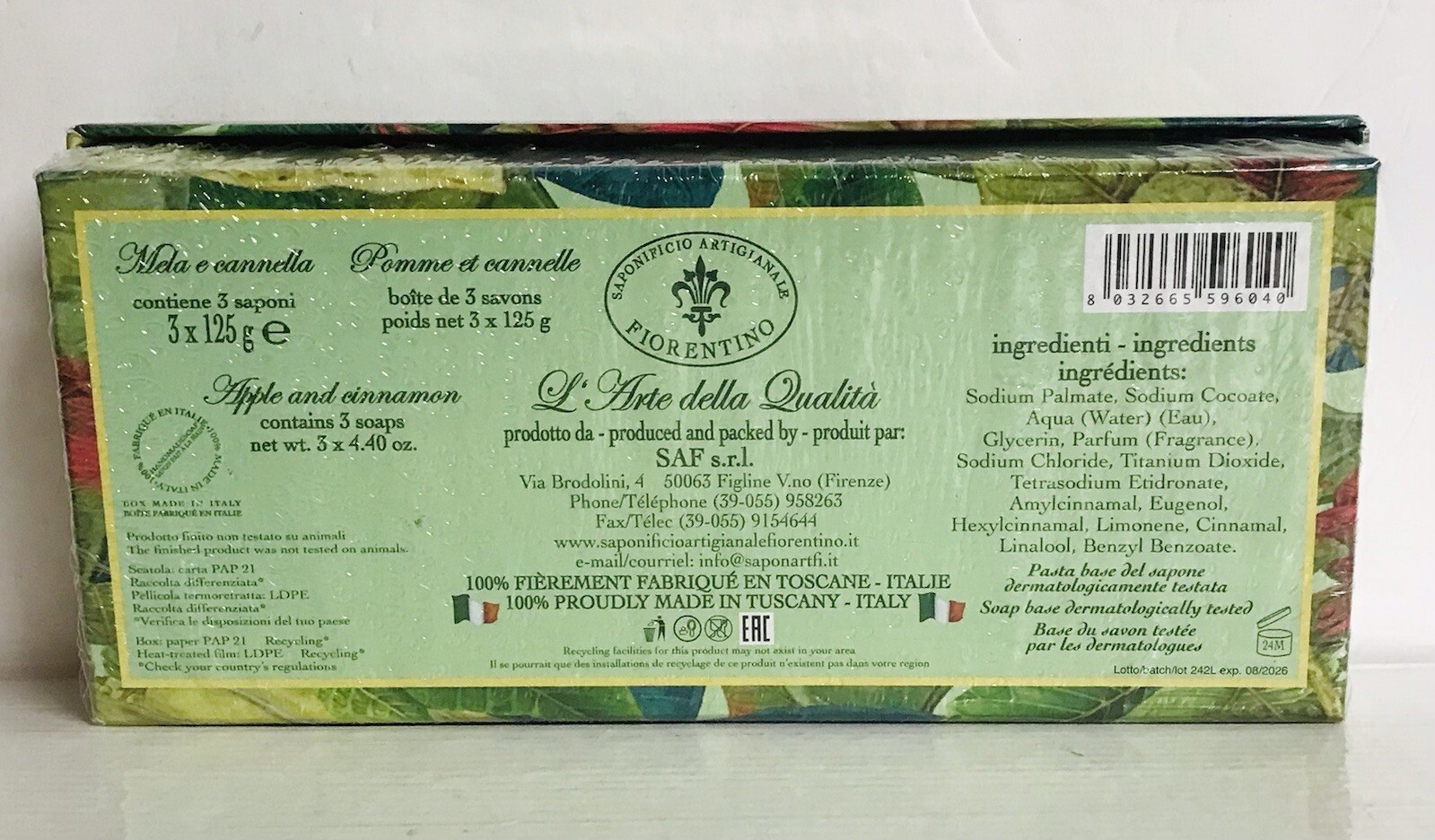 SAPONIFICIO ARTIGINALE FIORENTINO Apple & Cinnamon Scented SOAP 3 X 4.40 oz