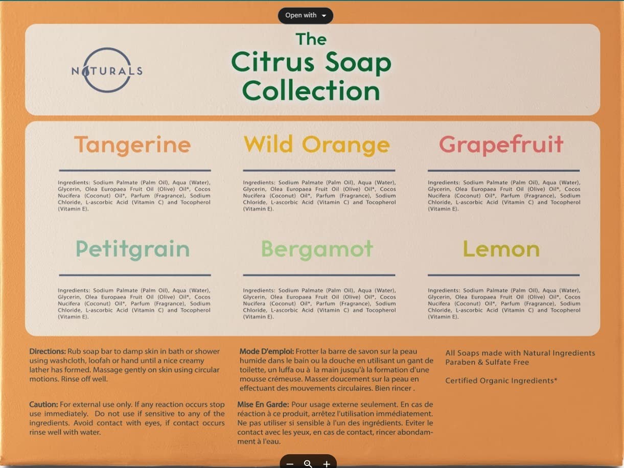 Natural Bar Soap Gift Set with 6 Citrus Scents for Body and Face Cleansing