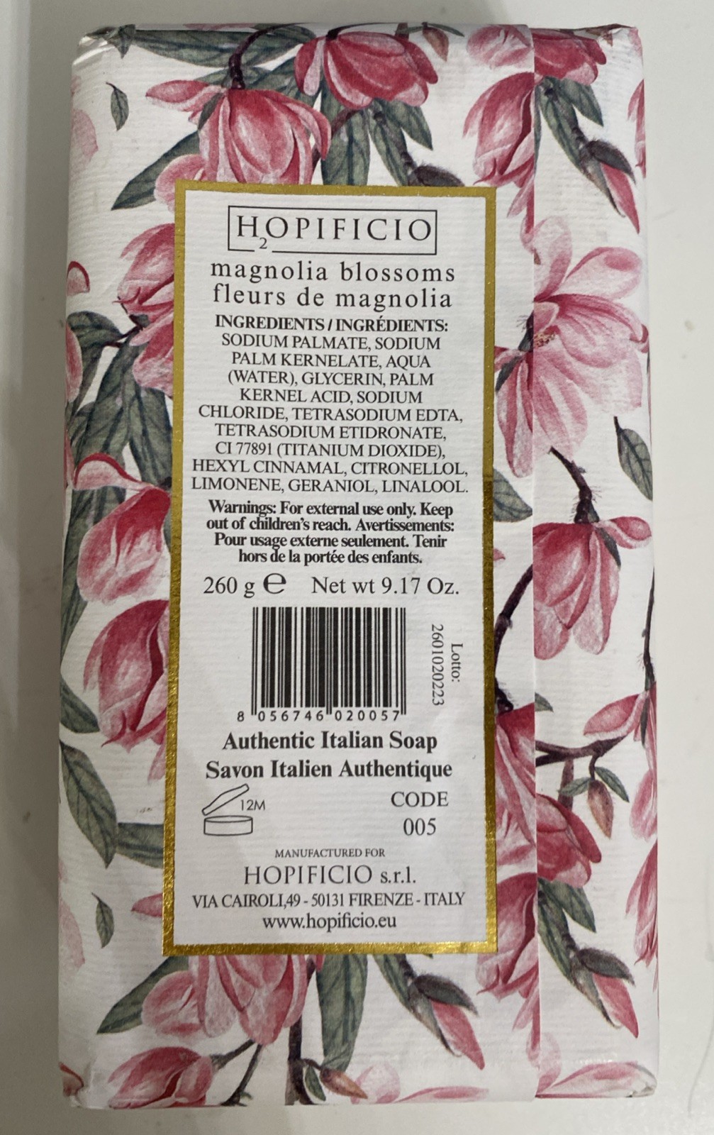 H2opificio Finest Triple Milled Bar Soap 9.17 oz Magnolia Blossoms Made In Italy