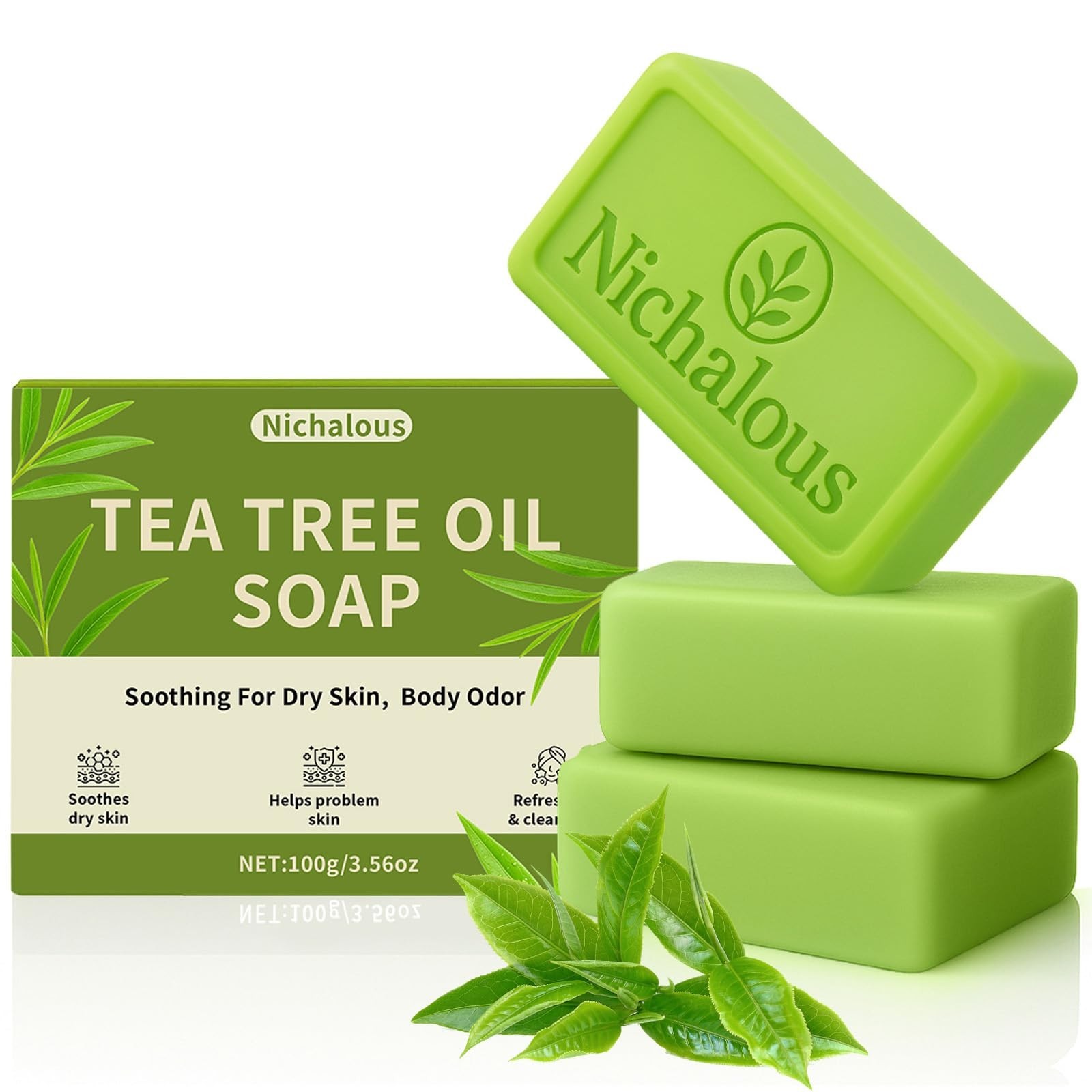 3PCS Tea Tree Oil Soap Bars – Purifying Body & Face Cleanser, Plant-Based, Gentl
