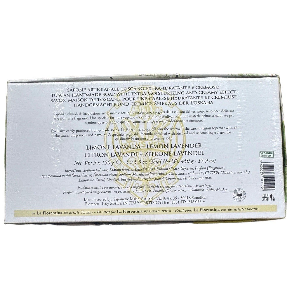 La Florentina Italian Vegetable Soap Florence Lemon Lavender 3 Bars Sapone