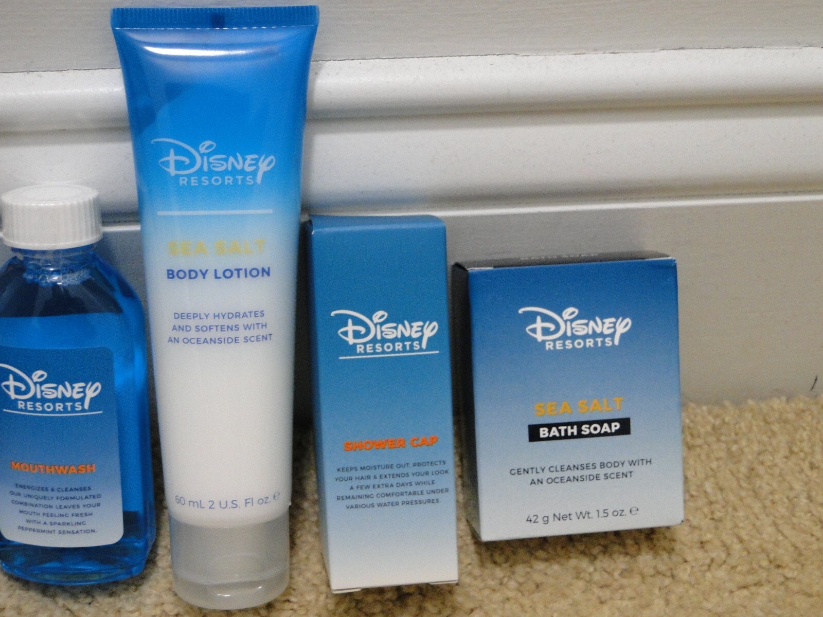 6 Disney Resorts Vanity Kit Bath Soap Mouthwash Body Lotion Shower Cap