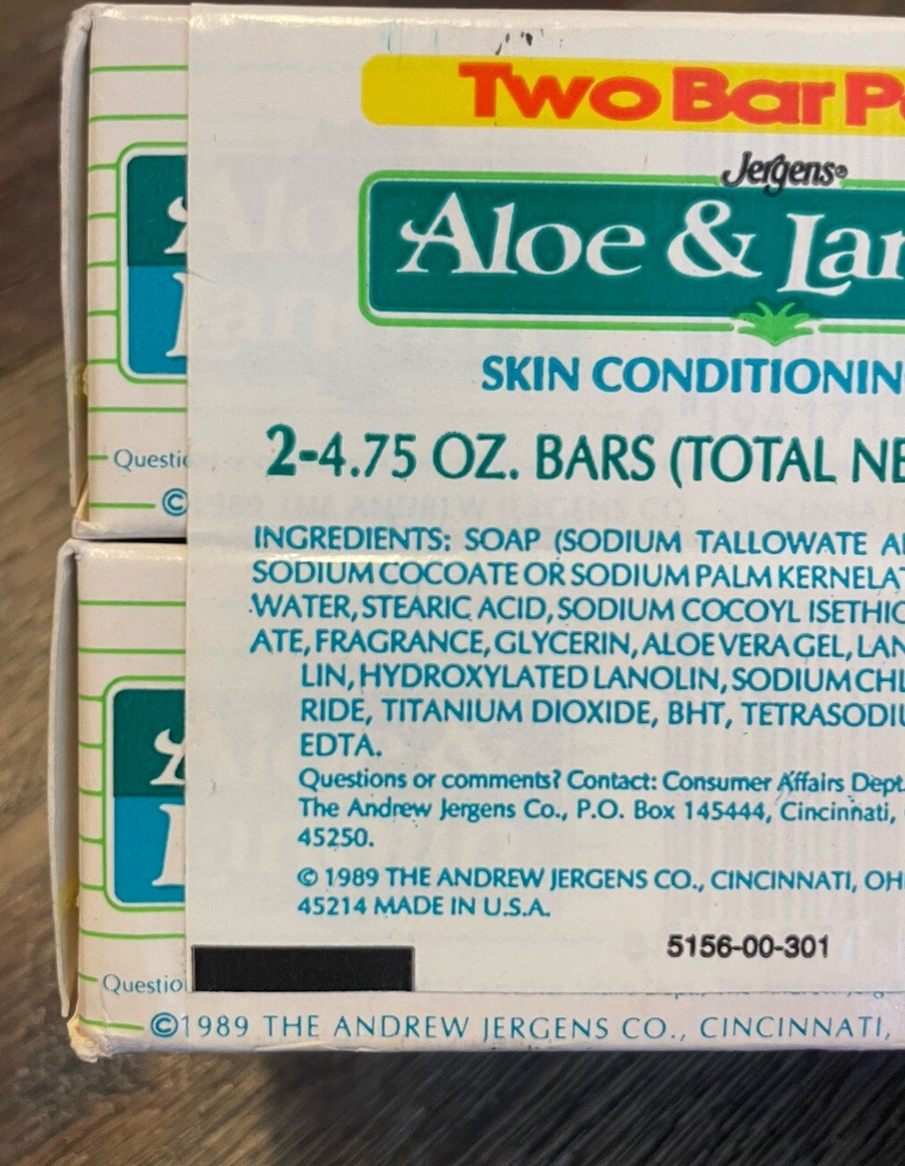 VTG Jergens Aloe & Lanolin Skin Conditioning Bar Soap 1989 NOS 4.75 oz (2 Pack)