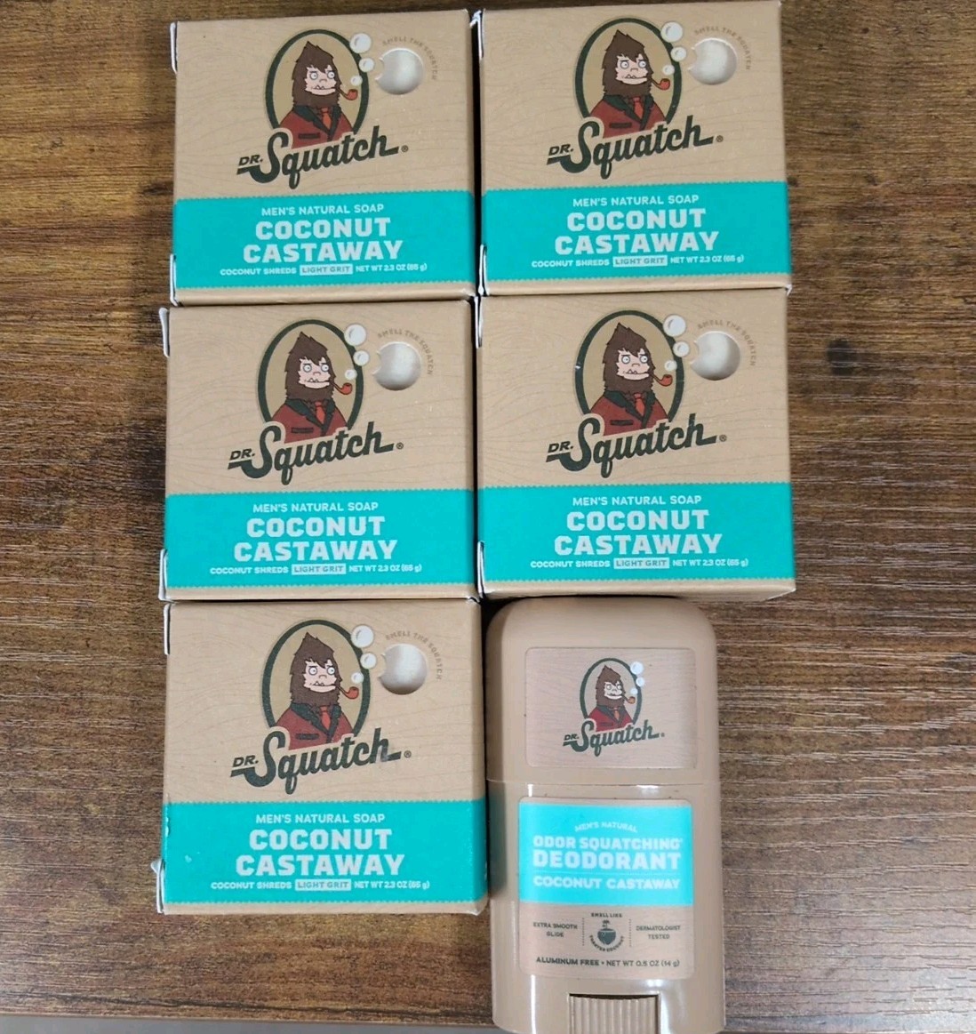 5 Dr. Squatch Men’s Natural Soap Coconut Castaway Light Grit 2.3 Oz + Deodorant