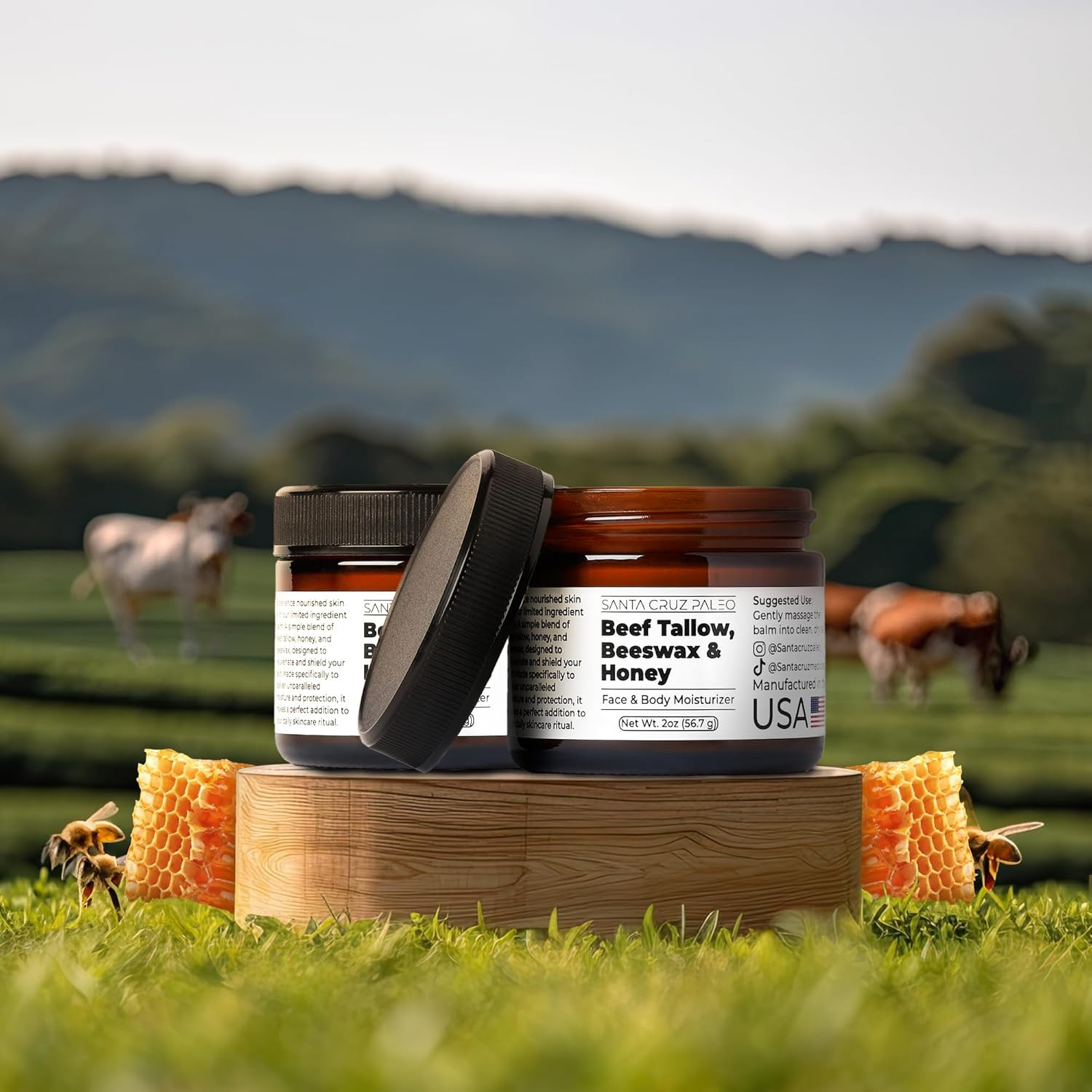 , Beef Tallow, Beeswax & Honey Face Moisturizer, Organic, Unscented Grassfed Bee