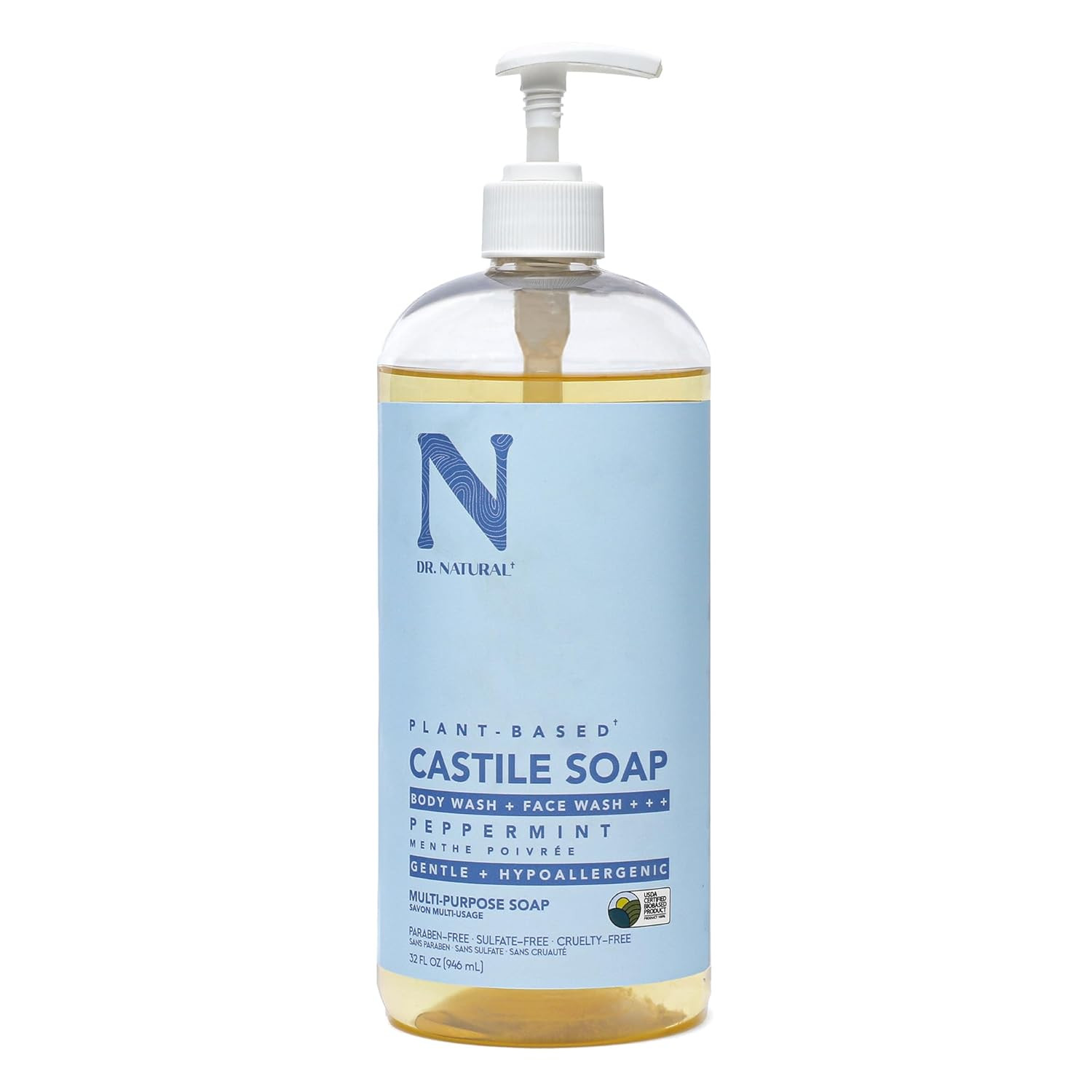 Castile Liquid Soap, Peppermint, 32 Oz – Plant-Based – Made with Organic Shea Bu