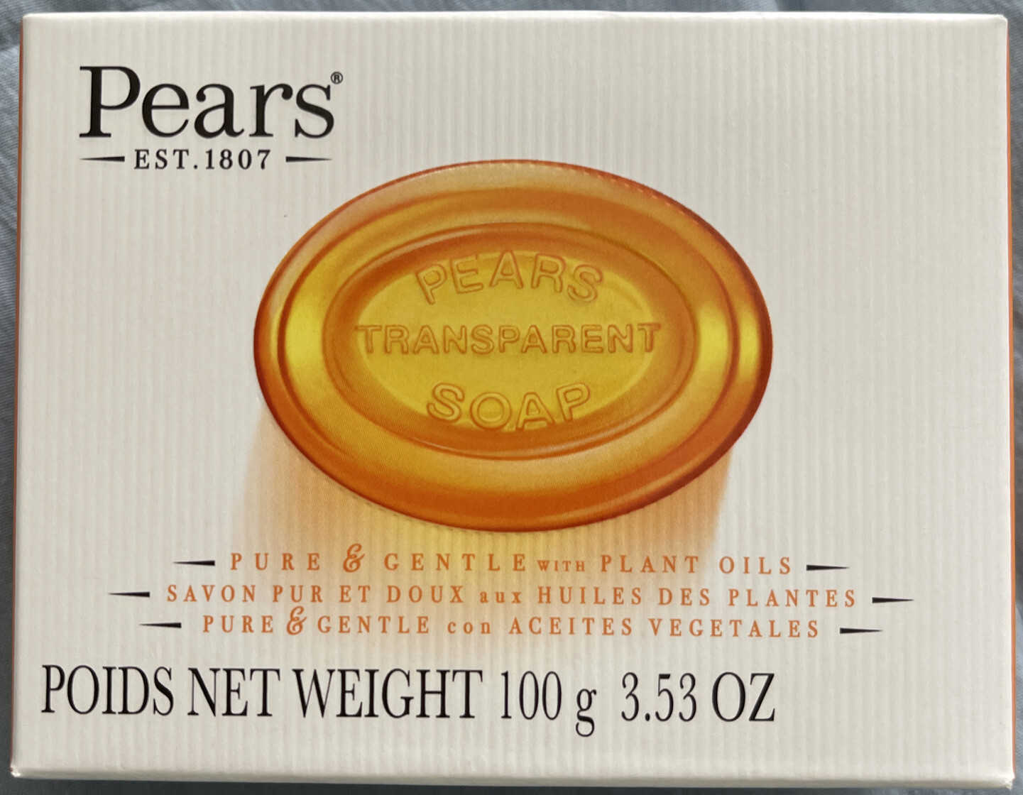 Pears Pure & Gentle Care Transparent Bar Soap Plant Oils Original Amber 3.5oz