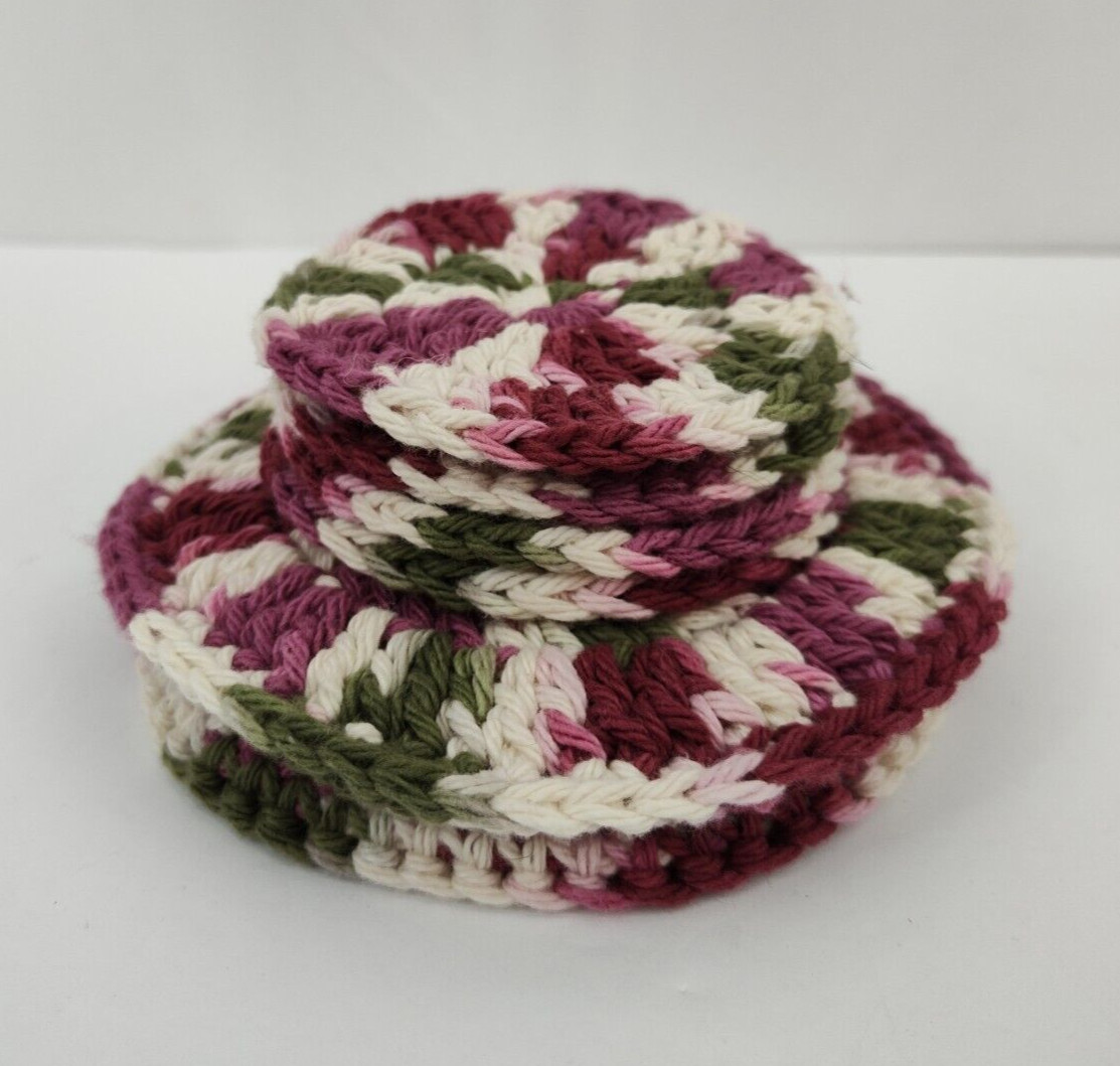 Hand Crochet Set Soap Saver and 4 Facial Scrubbies Cotton Pink Green Round